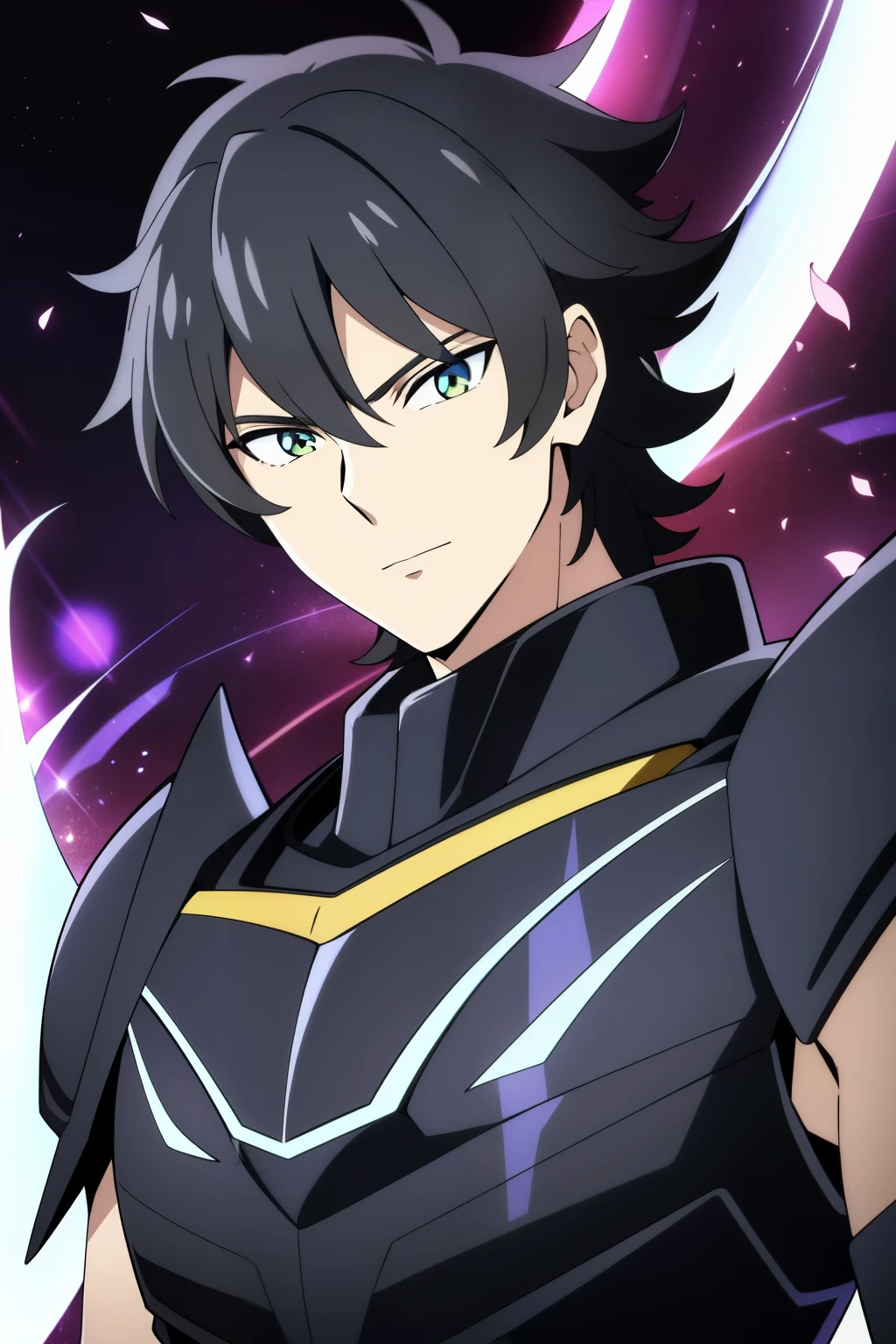 (high-quality, breathtaking),(expressive eyes, perfect face), 1boy, male, solo, half body, armor, dark onyx purple armor, saint seiya armor, spectre armor, fantasy armor, black hair, medium length hair, bright yellow eyes, black background, small smile, zoom out, stylized hairstyle, narrow eyes
