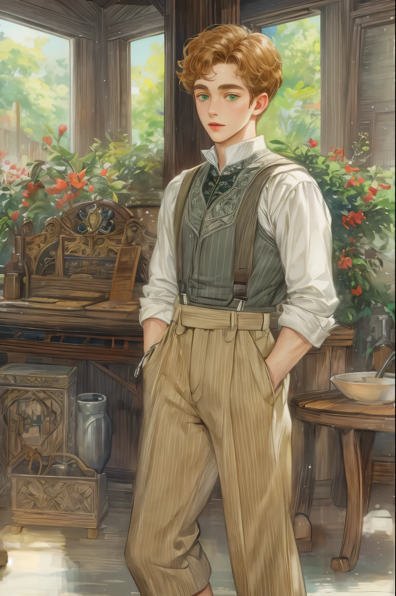 ((Best quality)), ((masterpiece)), (detailed), ((perfect face)), ((halfbody)) handsome face, male, teen boy, perfect proportions , short hair ((character from anne of green gables male version)) detailed interior, detailed scenery