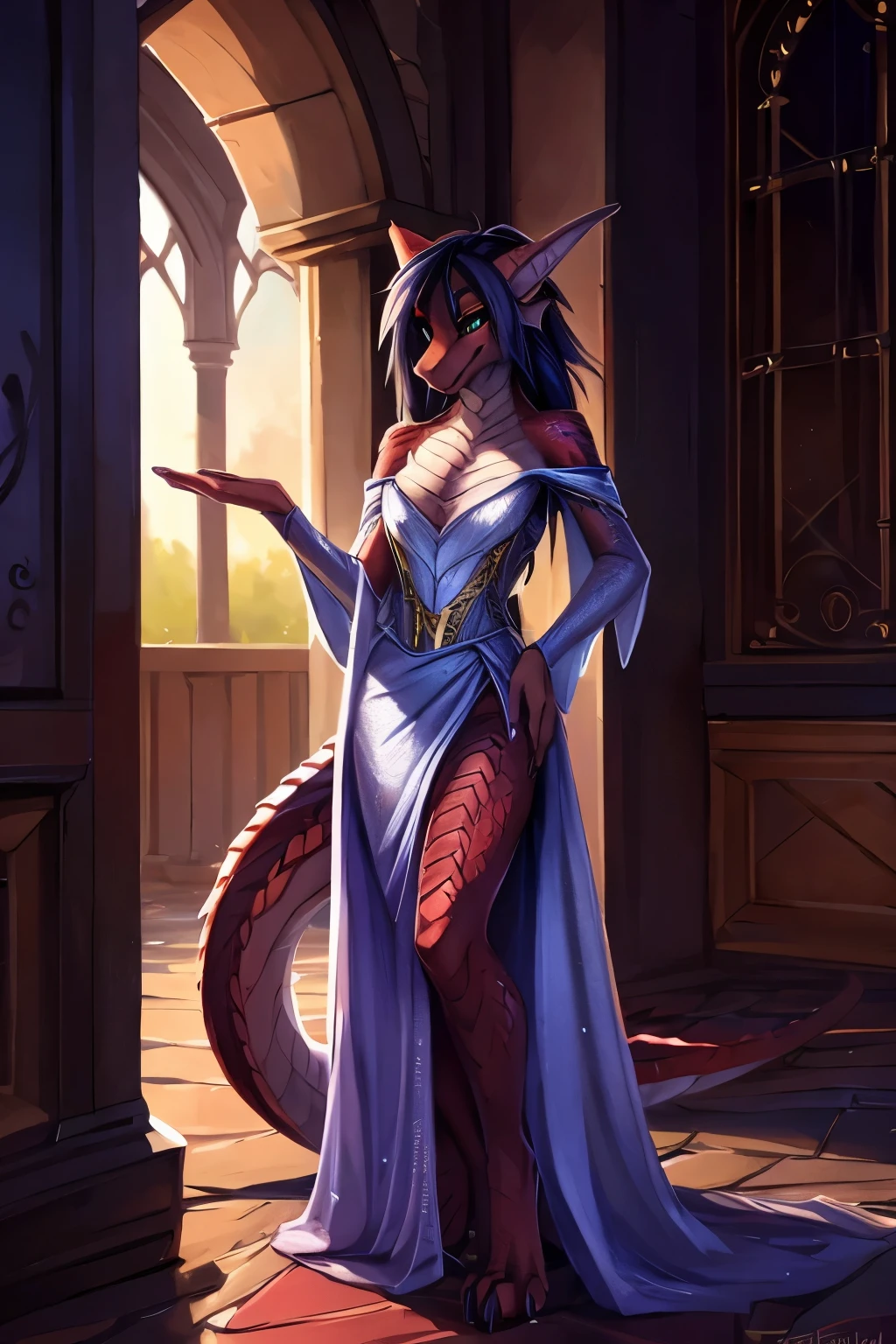 by kenket, Ross Tran, zaush, foxovh, by teranen, by fumiko, by Pixelsketcher, by Einshelm, (by Hioshiru), by fluff-kevlar, by Ajin, (dragon:1.4), (red dragoness), ((anthro)), 8k, 4k, 2k, detailed, intricate, (female), ((solo)), ((scaly)), (masterpiece), best quality, (detailed scales:1.4), NSFW, (hogsks), (photo-realistic), hogwarts, harry potter, (((ravenclaw))), uploaded on e621, (by hioshiru), by sefeiren, digitigrade, girl, castle, ((dark red scales)), silver belly scales, (scaled skin), green eyes, dark hair, ((long tail)), ((thick tail)), skinny, slim build, long legs, clawed feet, long ears, long snout, small breasts, teasing grin, panties, poking tongue out, full body portrait, castle corridor, evening lighting, ((silver gown)), evening dress, evening gown, formal gown, sparkling gown, sparkling dress, shimmering gown, dress slit up the side, hc_gown, wearing hc_gown, haute couture