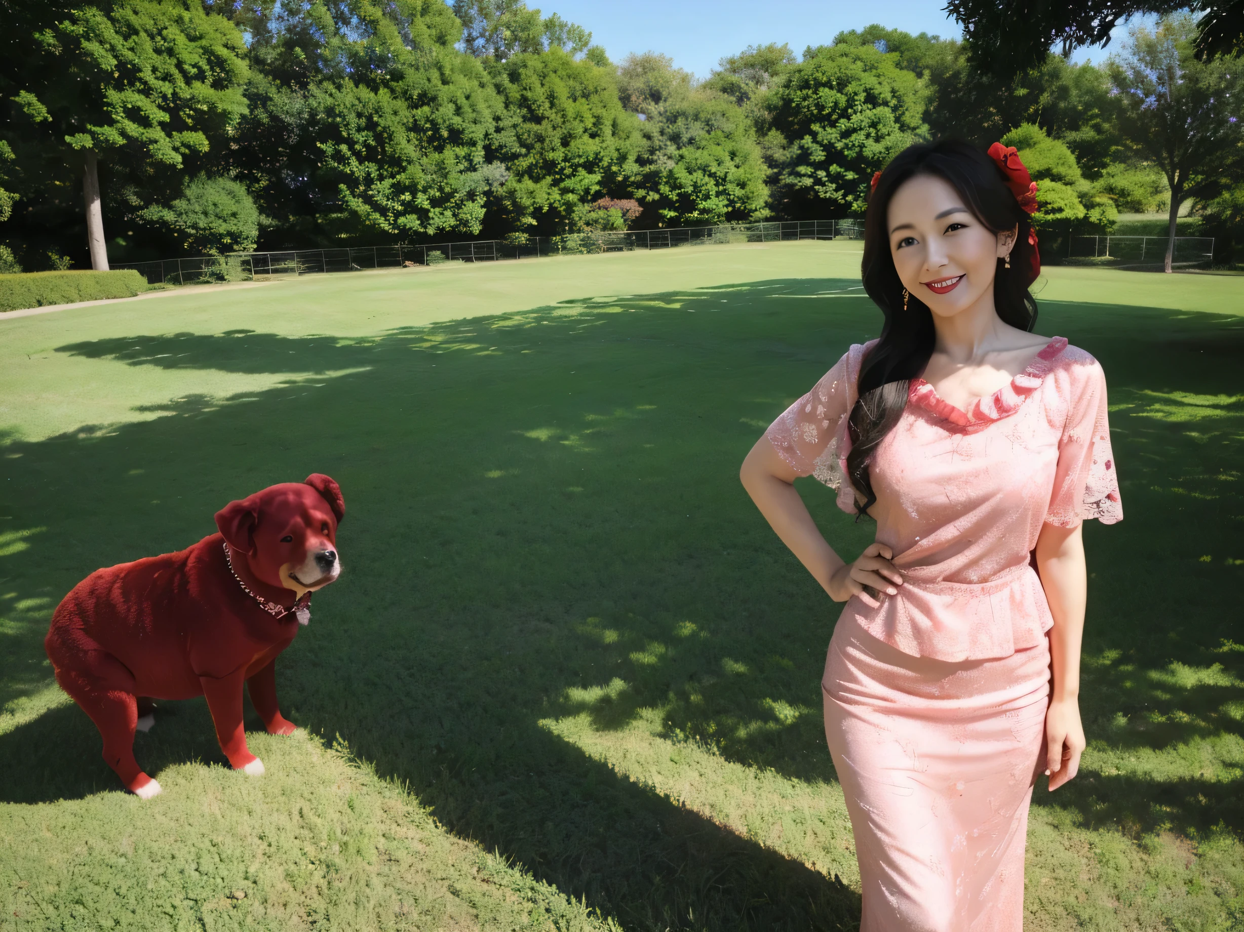 Several red camellias are blooming,draw lips correctly, red lipstick,I can see the whole body, highest quality, Super detailed, lifelike, super fine skin, perfect anatomy, (1 日本mature的女人), (alone),wearing a pink blouse with frills,short sleeve,long wavy hair,wearing earrings,woman, 37 years old,mature,The most beautiful smile,Park background with grass,stand,medium meat,Medium chest,full body shot,fantastic world。