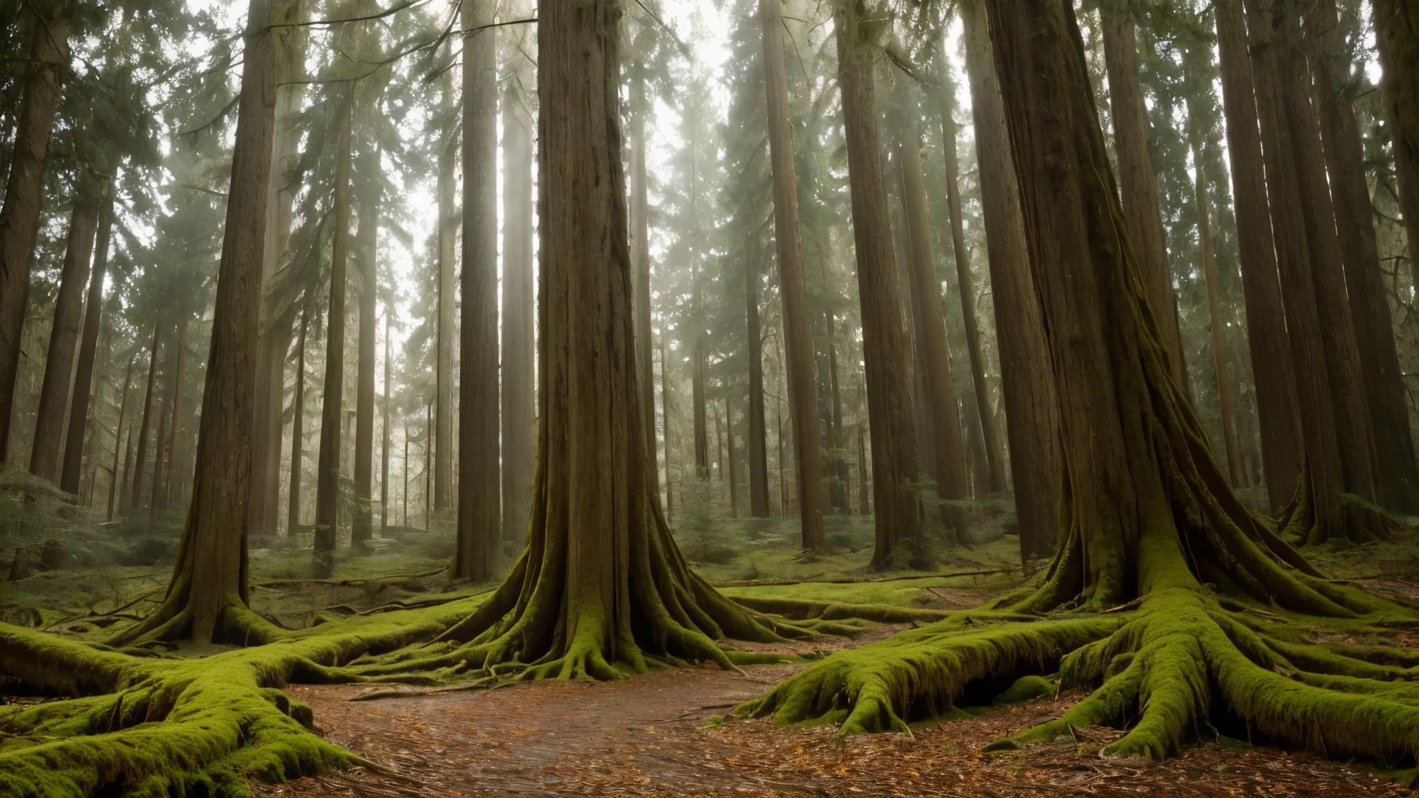 An enchanted old-growth forest with towering (chaos ancient trees) draped in luminous strands of Spanish moss, their gnarled roots meandering through a carpet of wildflowers. 8k, hyper realism, vibrant colors