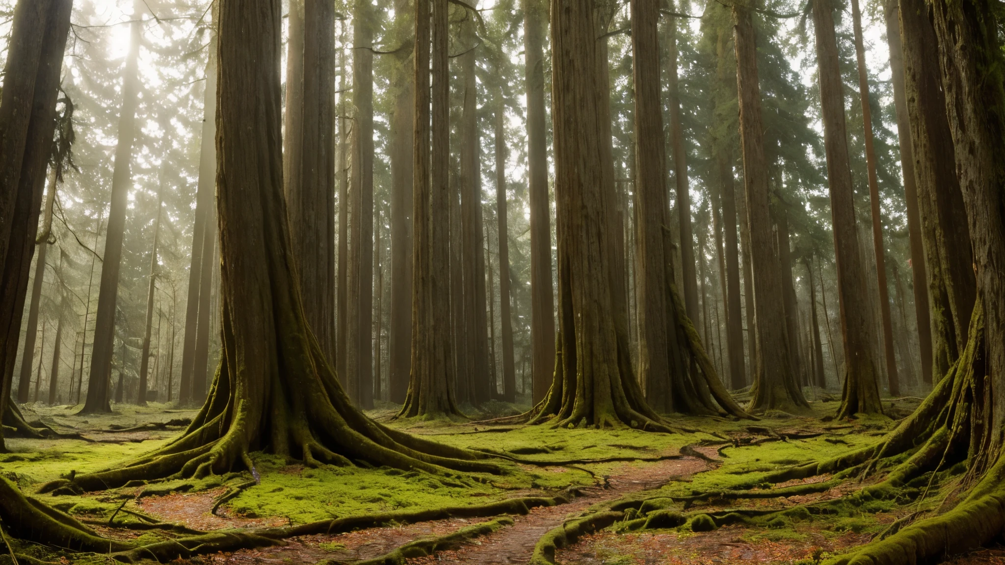 An enchanted old-growth forest with towering (chaos ancient trees) draped in luminous strands of Spanish moss, their gnarled roots meandering through a carpet of wildflowers. 8k, hyper realism, vibrant colors