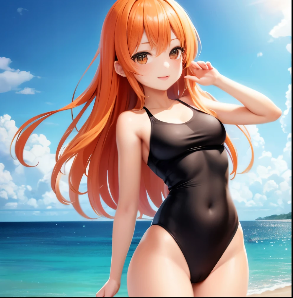 highest quality, highest qualityの, super detailed, High resolution, High resolution, nffsw, 4k, 8k, unity 8k wallpaper, Highly detailed CG，Leave the color as it is、orange hair，sandy beach，A girl wearing a black high-leg swimsuit、Are standing、solo