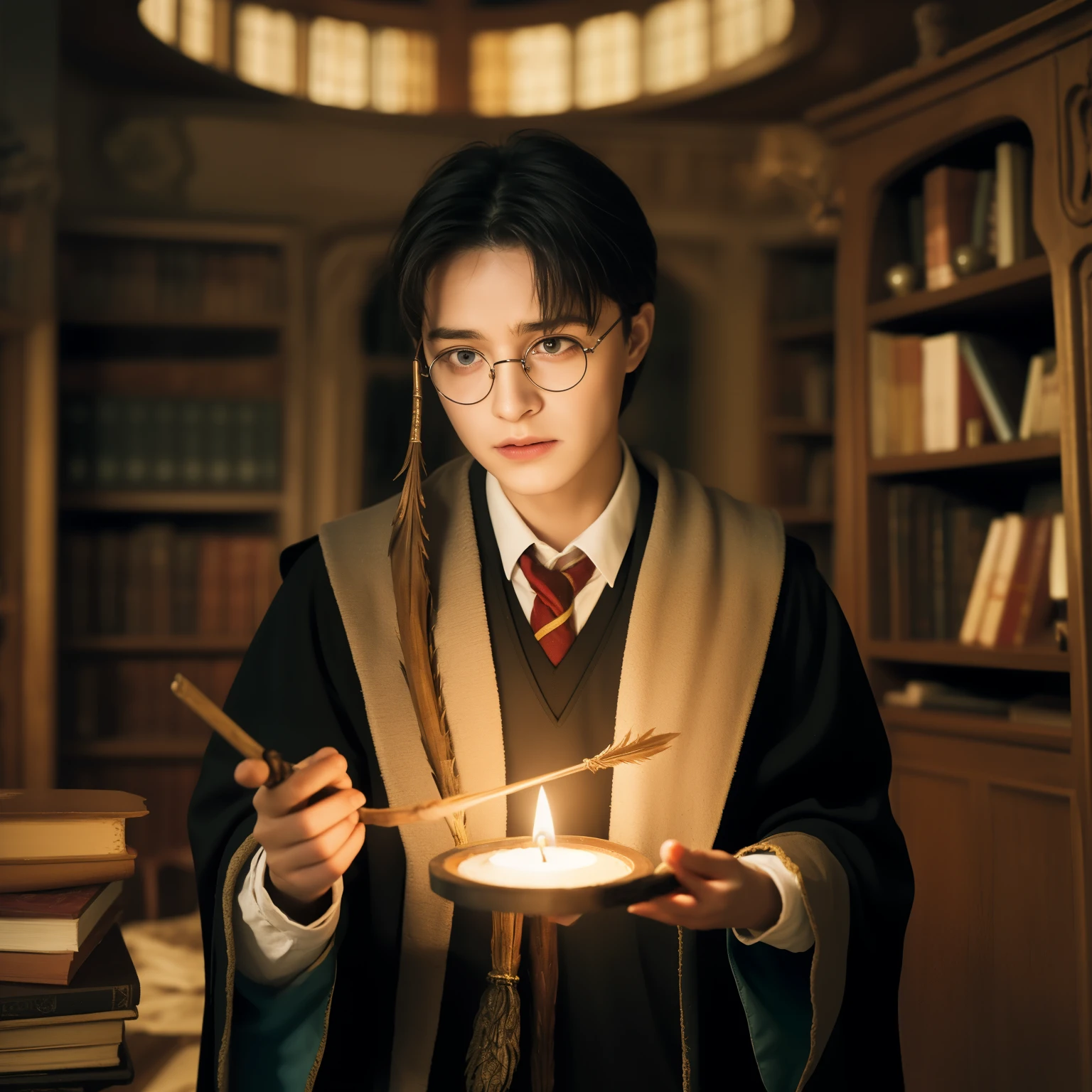 (best quality, ultra-detailed, realistic:1.37), Harry Potter crying, magical ambiance, Hogwarts School of Witchcraft and Wizardry, tears streaming down his face, broken glasses, lightning scar on his forehead, emotional expression, dimly lit room, wand in hand, bookshelf filled with spellbooks, magical artifacts, phoenix feather quill, golden snitch flying mid-air, enchanted ceiling, floating candles, Gryffindor robe, Hogwarts crest, floating patronus, wizarding world ambiance, swirling magic, vibrant colors