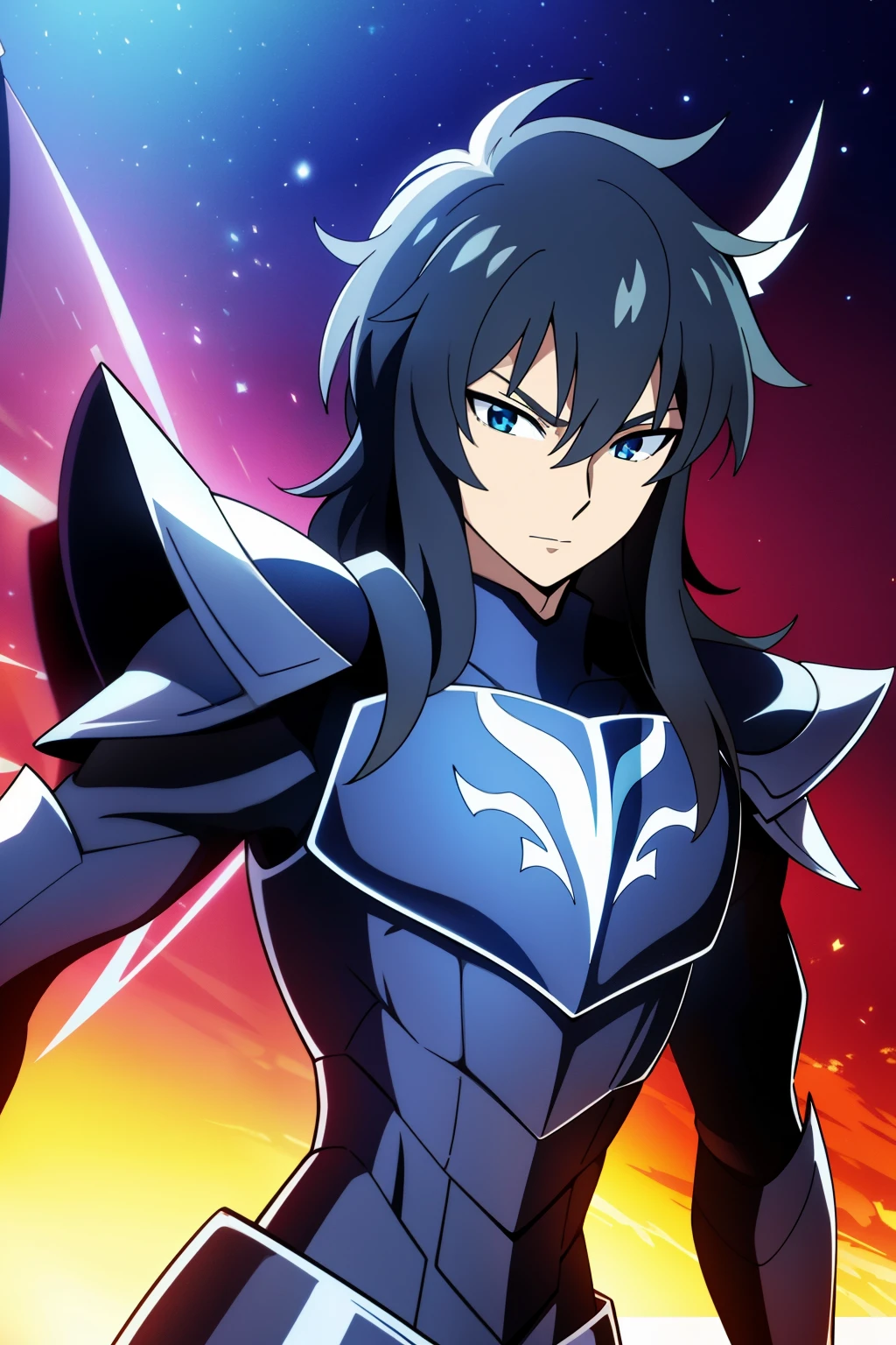 (high-quality, breathtaking),(expressive eyes, perfect face), 1boy, male, solo, half body, armor, dark onyx purple armor, saint seiya armor, spectre armor, fantasy armor, black hair, medium length hair, bright yellow eyes, black background, small smile, zoom out, stylized hairstyle, narrow eyes, armor wings
