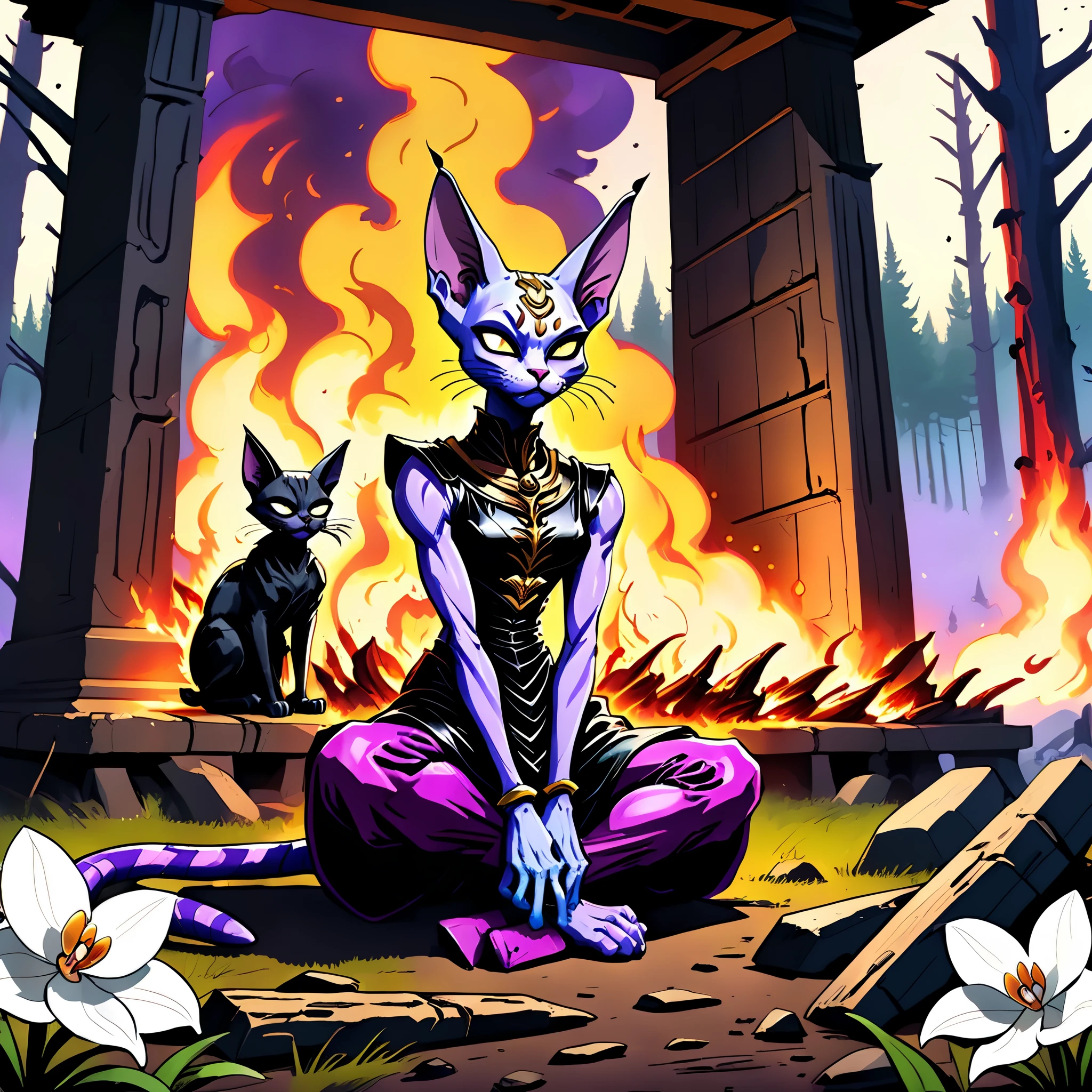 Beerus the purple cat from Dragon Ball Z, in a Studio Ghibli art style, sitting zenfully in front of a burning black-metal structure in Norway. The structure is an ornate ancient structure. Beerus is wearing black-metal corpse-paint face paint in remembrance and honor. The scene is solemn, a bittersweet celebration tinged with tragic despair. Next to Beerus on the ground is a bouquet of white orchids. The image is rotoscoped, hand-drawn, realistic, with rich color grading and cinematic. The framing and composition aesthetics are inspired by Andrei Tarkovsky. The scene is set in a dense forest. The image is intended to be a splash page cover art, a wordless single image.

