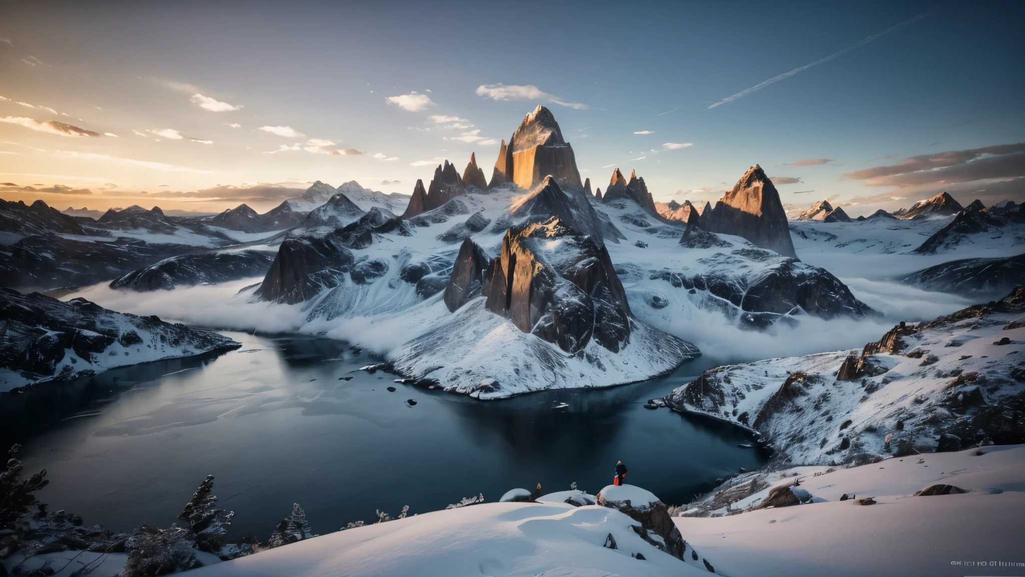 A breathtaking vista of the rugged, snow-dusted granite spires of Patagonia piercing through a sea of ethereal clouds at dawn. (best quality,4k,8k,highres,masterpiece:1.2),ultra-detailed,(realistic,photorealistic,photo-realistic:1.37),HDR,UHD,studio lighting,ultra-fine painting,sharp focus,physically-based rendering,extreme detail description,professional,vivid colors,bokeh,portraits,landscape,photography,colorful palette,dramatic lighting