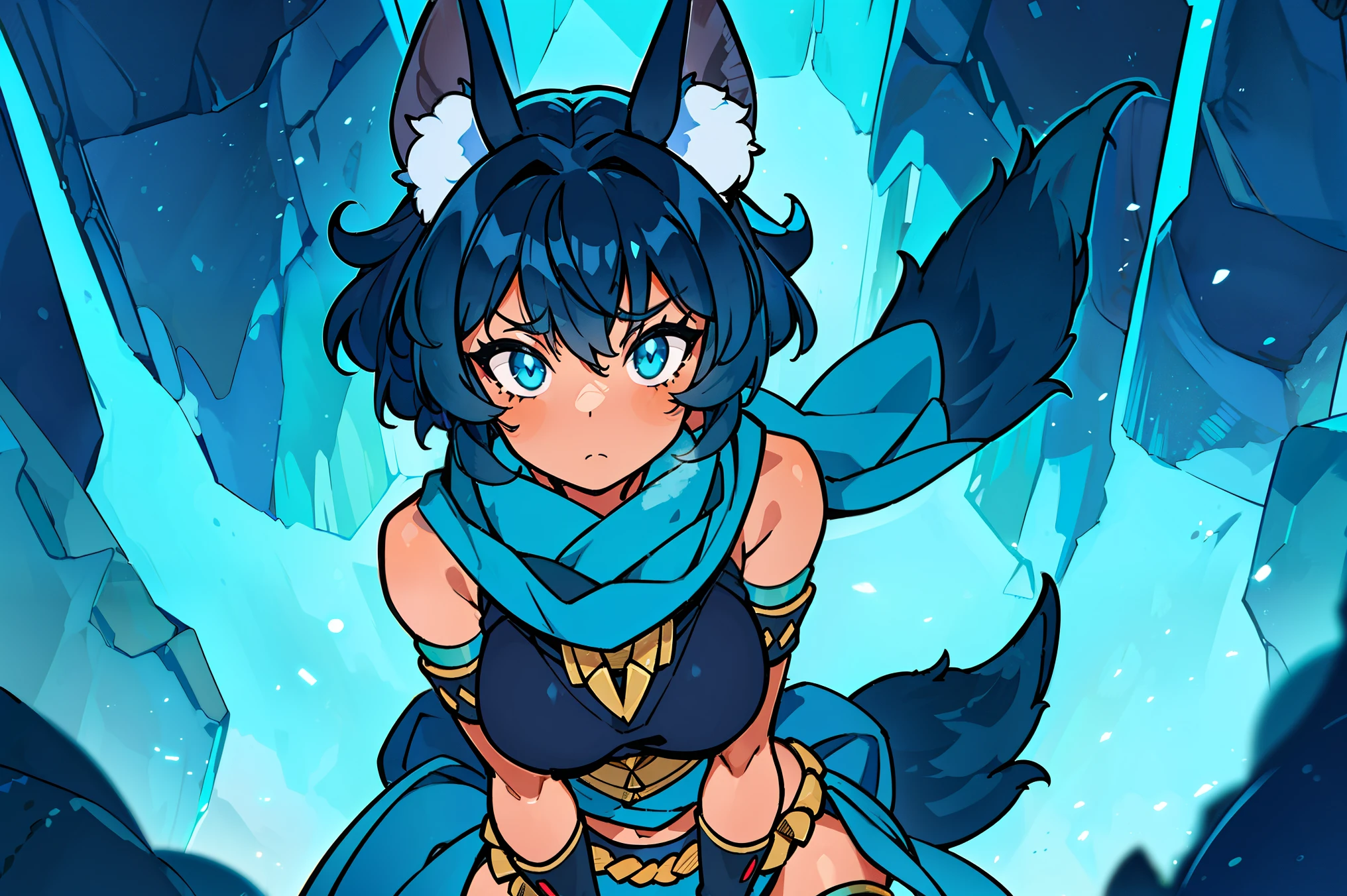 ((human)), female, ((solo)), (tan skin), dark blue hair, short hair, ((fluffy hair)), (cyan eyes), dark blue fox ears, dark blue fox tail, breasts, ((tribal clothing)), short orange scarf, standing, dungeon, up close, Very good figure, extremely detailed, cinematic lighting, volume lighting, masterpiece, best quality