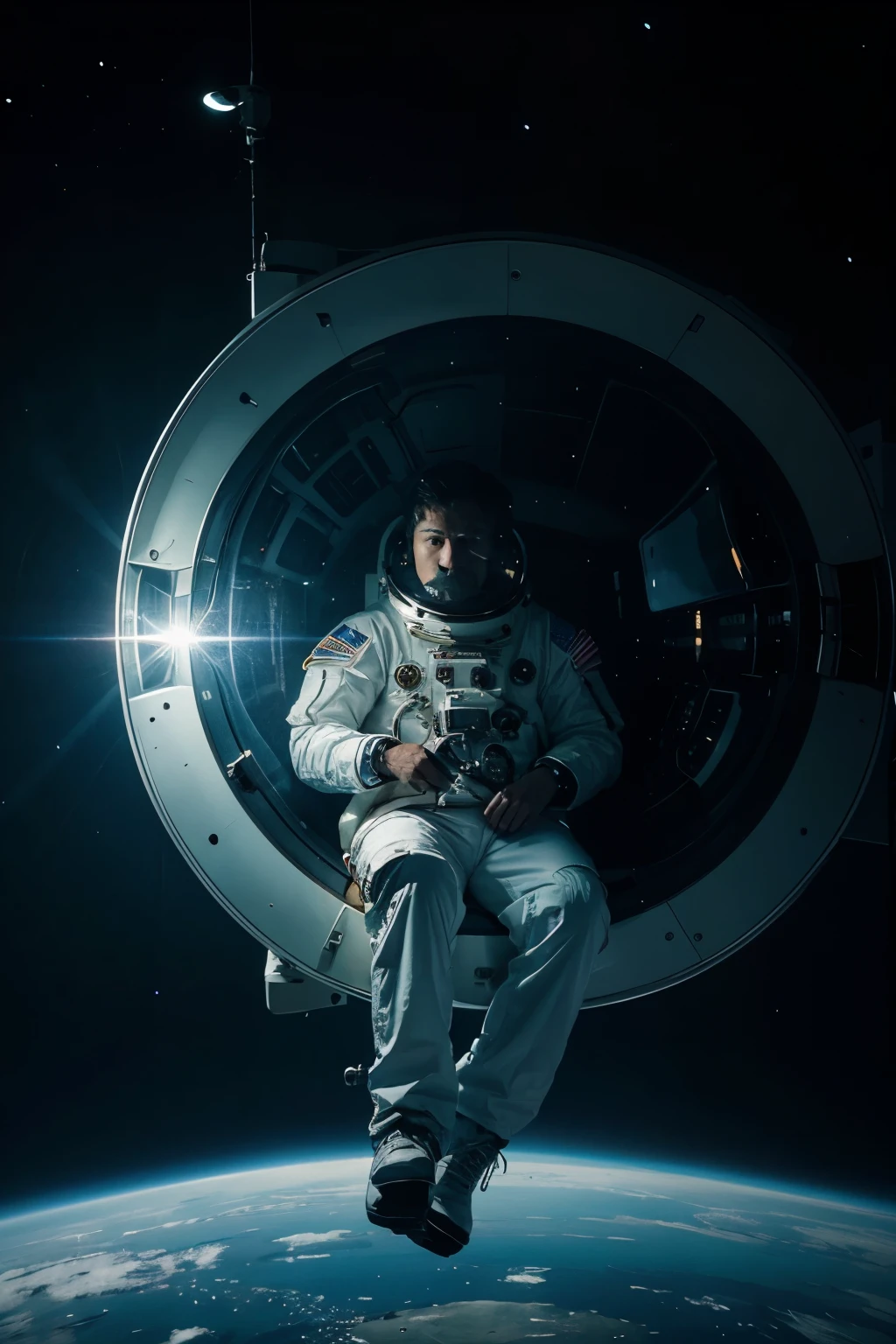 astronaut chill alone in his own spaceship seeing chaos of galaxy