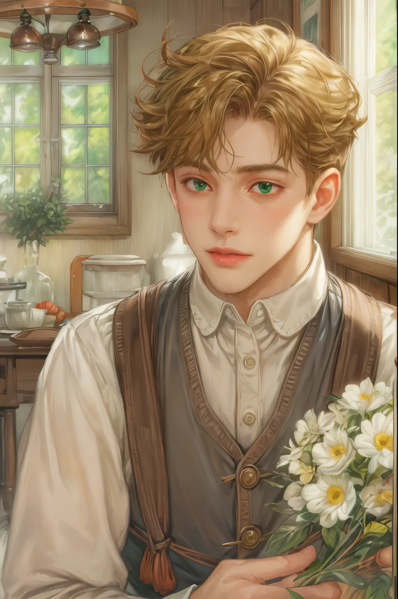 ((Best quality)), ((masterpiece)), (detailed), ((perfect face)), ((halfbody)) handsome face, male, teen boy, perfect proportions , short hair ((character from anne of green gables male version)) detailed interior, detailed scenery