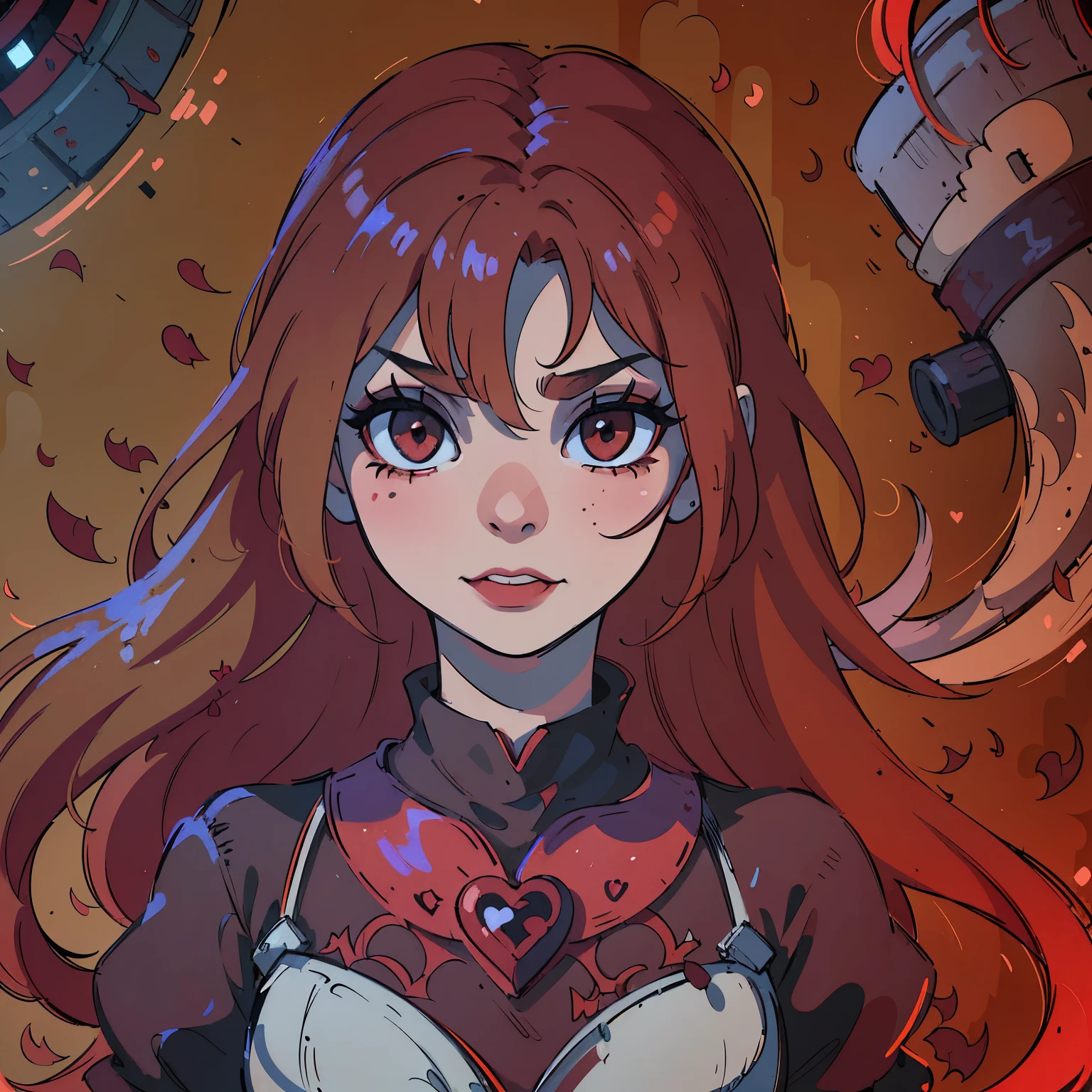 (best quality,4k,8k,highres,masterpiece:1.2),ultra-detailed,(realistic,photorealistic,photo-realistic:1.37),blood red hair,blood red eyes,extremely detailed eyes and face,lighter skin, detailed teeth,vivid colors,dark shadows,dramatic lighting,gothic,horror,portrait,very red hair,beautiful nose,smile, Do not alter the hair fringe,Red lipstick, smile with beautiful teeth, drawing of a heart symbol painted in red on the right cheek.