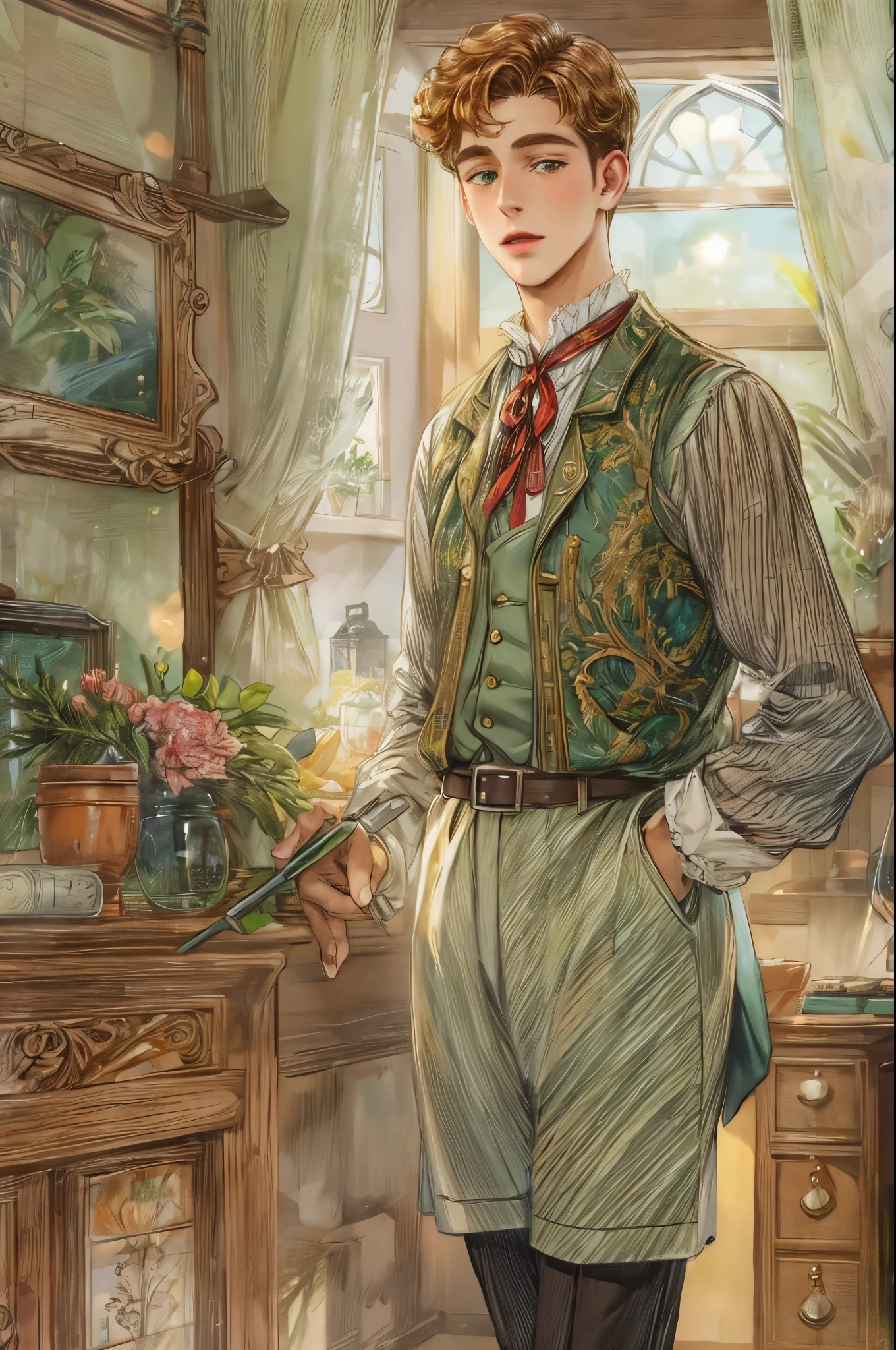 ((Best quality)), ((masterpiece)), (detailed), ((perfect face)), ((halfbody)) handsome face, male, boy, perfect proportions , short hair ((character from anne of green gables male version)) detailed interior, cozy home