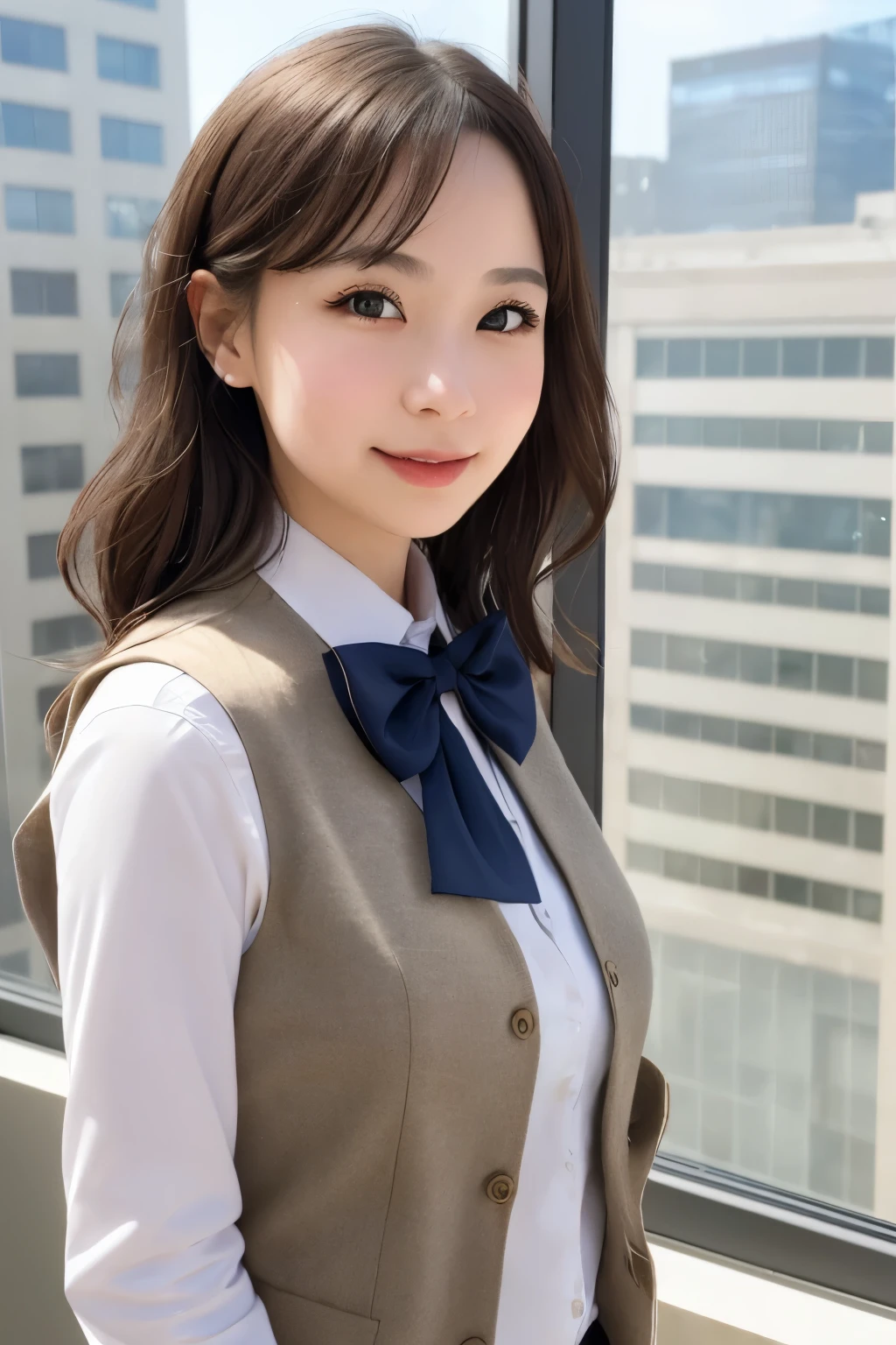 1girl, matured female, vest, bow, photo, realistic, best quality, hires, detailed face, office, buildings from window, detailed background, diffused sunlight, depth of field, bokeh