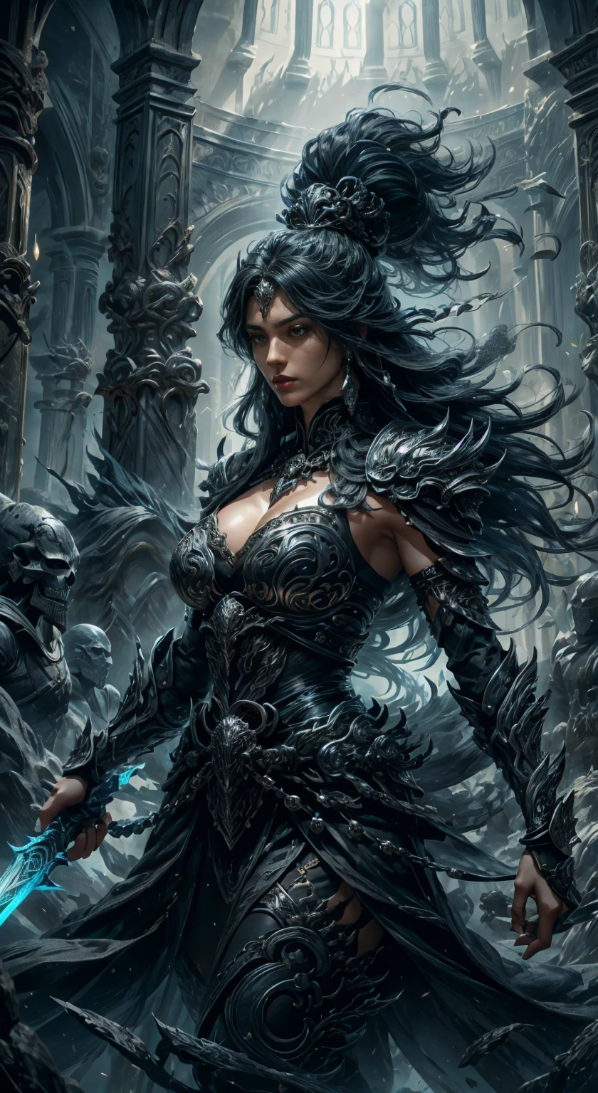 Generate hyper realistic image of a fierce warrior, most beautiful, elegant, a fair-skinned female with long, flowing black hair cascading down her armored shoulders. Adorned with intricate jewelry, she wears golden and formidable armor that accentuates her powerful presence. An armlet graces her muscular arm, and a menacing skull emblem adorns her attire, symbolizing the warrior's strength and determination in a solo quest. She is holding this magic sword has a blade of gleaming steel, inscribed with arcane runes that glow with a faint blue light. The hilt is wrapped with black leather and adorned with a silver pommel, perfect hand, perfect fingers, facing viewer,