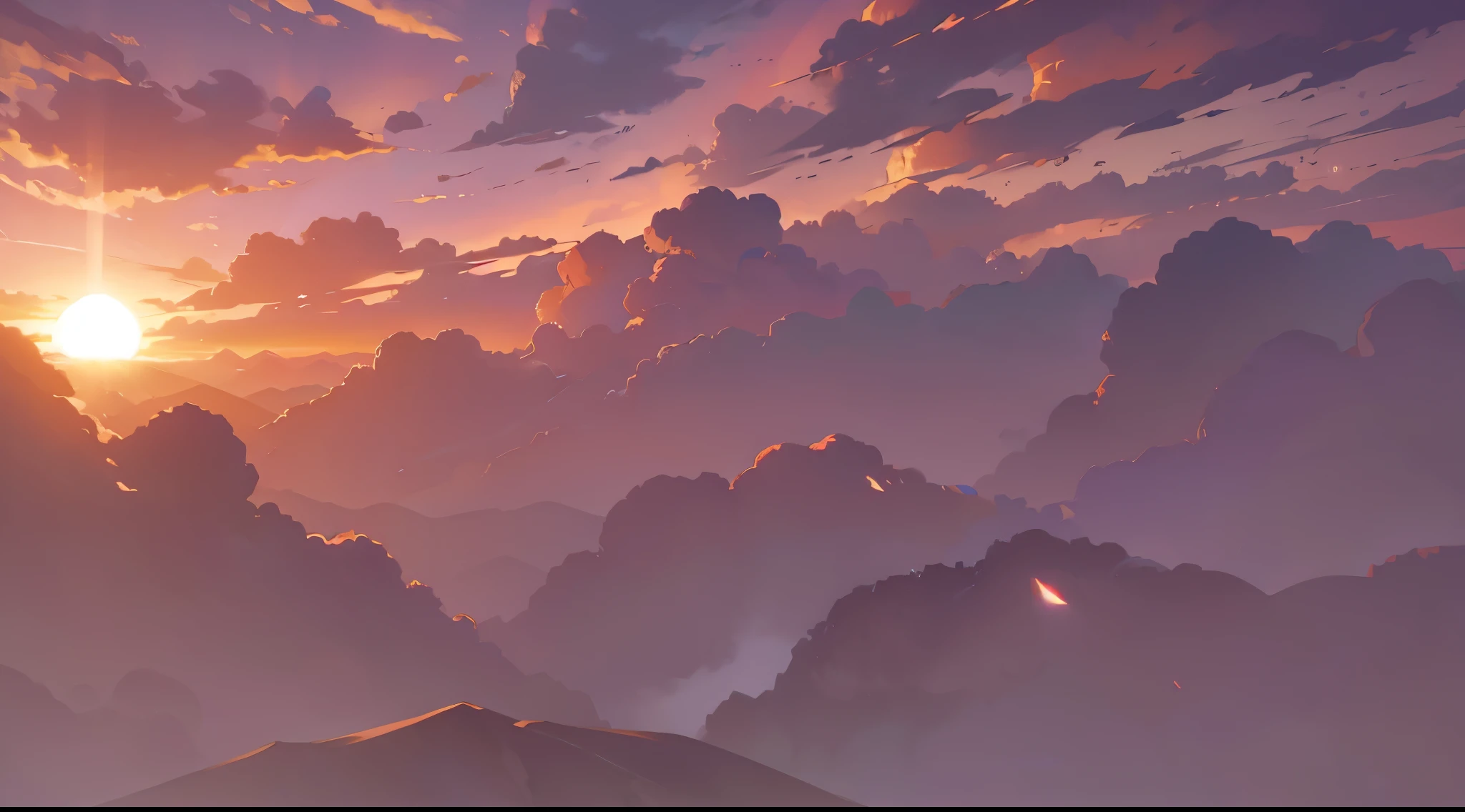 (detailed art), twilight hour, sunset sky, purple and orange clouds, dark sky