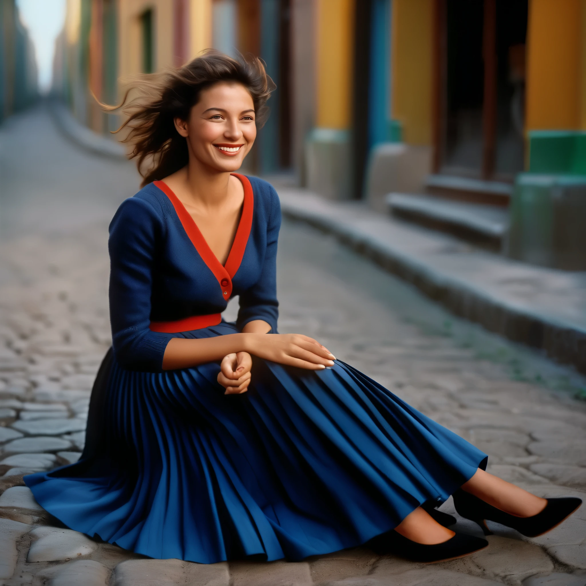 A smiling, authentic, (shy:1,3), kind, beautiful woman, is passionately in love with her skirt, sitting down on the ground while wind lifts her skirt, wearing short blazer and very, very detailed (long (fully pleated) full circle skirt) and (low heeled court shoes), very, very intricate hyper-detailed symmetric (attractive graceful young feminine face) with (sad, tired eyes and a loving smile), very voluptuous breasts, full of empathy and compassion and love, (pronounced (feminine) features), (highly detailed ultra accurate realistic) hands and fingers, (windy), epic composition, highly detailed attributes, (35mm f1.4 Kodak portra 400 photograph), extremely high quality RAW photograph, highly detailed atmosphere, sci-fi, cinematic shot, dynamic lighting, 75mm, Technicolor, Panavision, cinemascope, sharp focus, fine details, 8k, HDR, realism, realistic, key visual, film still, superb cinematic color grading, depth of field
