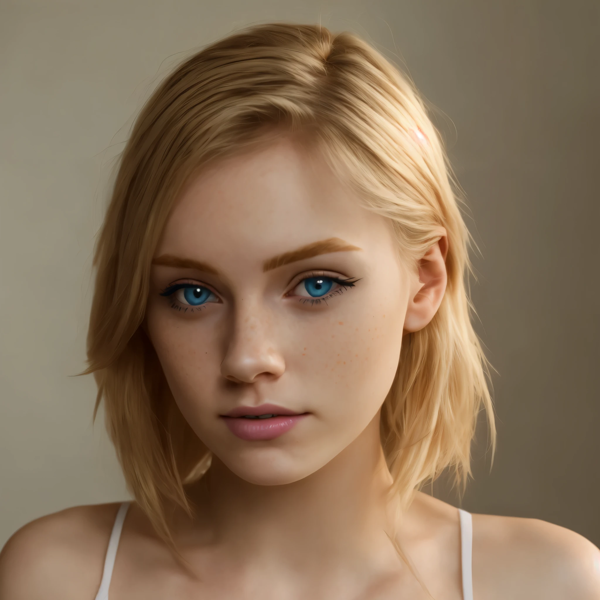 Woman with pale skin cute face freckles shoet blonde hair blue iris and small pinkish lips, has blonde hair, 