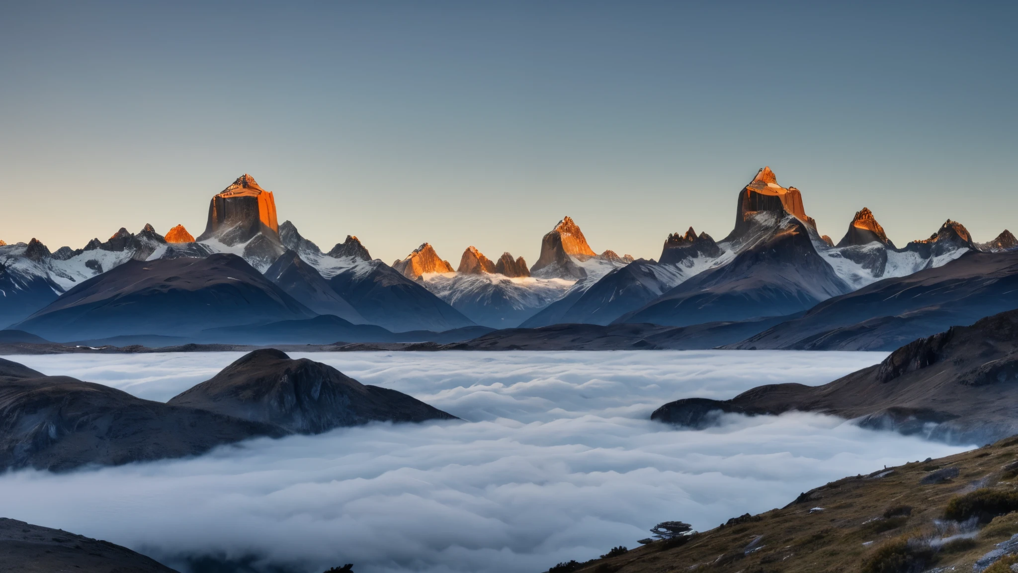 A breathtaking vista of the rugged mountain peaks of Patagonia, their snow-dusted granite spires piercing through a sea of ethereal clouds at dawn.