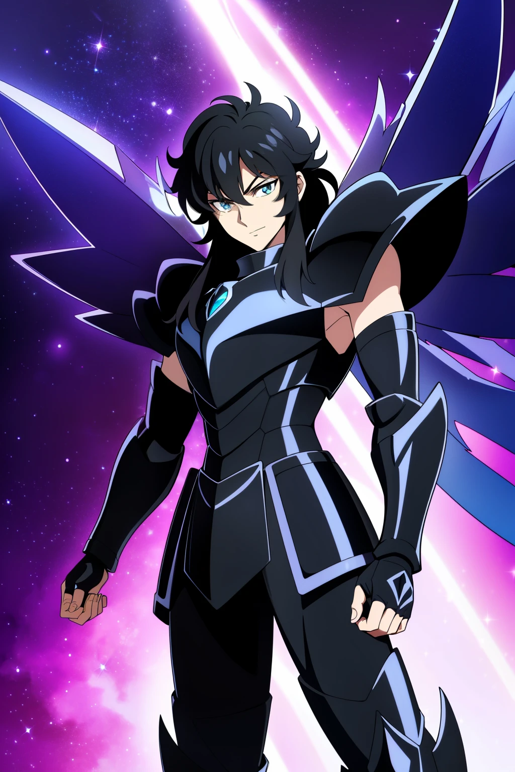 (high-quality, breathtaking),(expressive eyes, perfect face), 1boy, male, solo, half body, armor, dark onyx purple armor, saint seiya armor, spectre armor, fantasy armor, black hair, medium length hair, bright yellow eyes, black background, small smile, zoom out, stylized hairstyle, narrow eyes, armor wings
