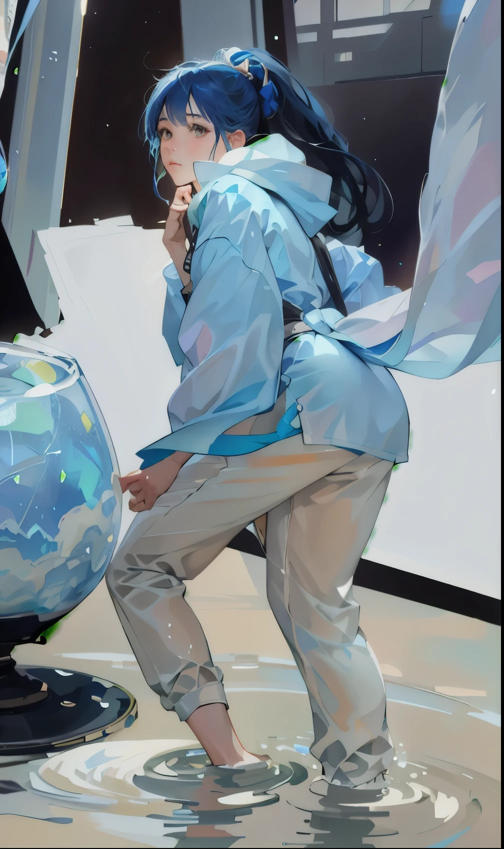 (masterpiece), (best quality), (Super detailed),(disheveled hair),(illustration), (1 long hair boy),Leg length,single ponytail, (fashion clothing), Permanently installed, fashion model, Escape from the audience, (interview), (simple background),Beautiful and delicate eyes, delicate pretty face, floating,(high saturation),(colorful splash),Colorful bubbles,(Shiny), focus on face, Ayaka Kamisato, light blue hair, Bangs, hair ring, floating花朵, floating hair.girl, anime grandma, looking at the audience, Very detailed, reflective transparent iridescent colors, Transparent iridescent RGB long hair, Works by Serafleur from artstation, thick acrylic,illustration on pixiv, waist up portrait, Gorgeous saint, best quality, Super detailed,sad,clever,pretty face , Beautiful lights black background, Character style rendered by Octane,