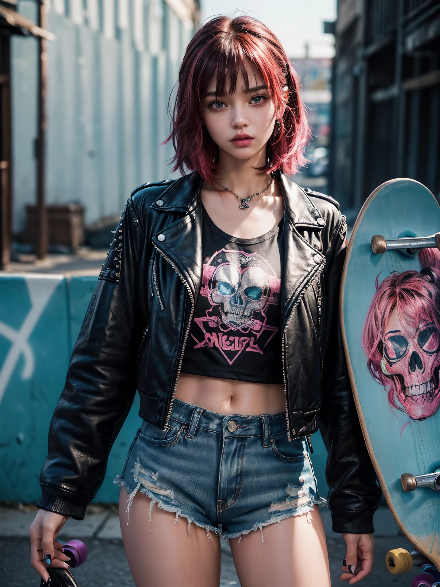 (Ultra-detailed eses), (((textile shading))), (((Best Quality))), (((masterpiece))), (((Ultra-detailed CG))), sassy girl posing hold her skateboard in the street, (((magical ))), (), (tiny chest), short style red wavy hair, ((with bangs, with bangs, gorgeous hair)), blue eyes, (((punk skate girl, skull ripped t-shirts, leather jacket, y2k ripped shorts))), ((striking a pose)), (((Game CG)) (gorgeous, sassy, it girl), fancy piercing jewelry, holding a skateboard with striking artworks, stylishly posing in graffiti-covered walls, neon lights, vibrant colors, night scene, gritty atmosphere, 4K, strong punk atmosphere, cowboy shot, midshot, centered image, eye on camera. correct hand & fingers structure.