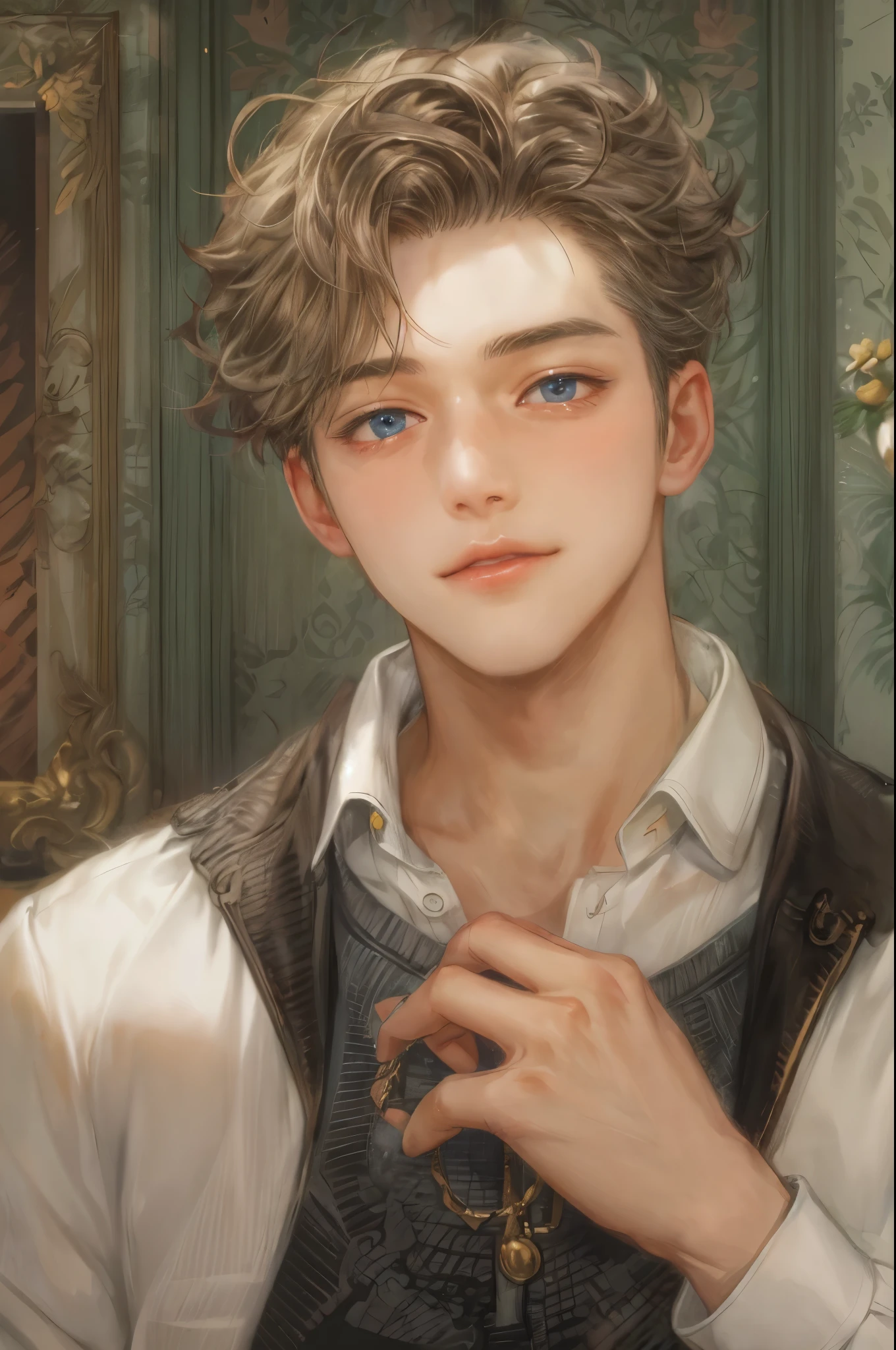 ((Best quality)), ((masterpiece)), (detailed), ((perfect face)), ((halfbody)) handsome face, male, boy, perfect proportions , short hair ((character from bridgerton male version)) detailed interior, cozy home