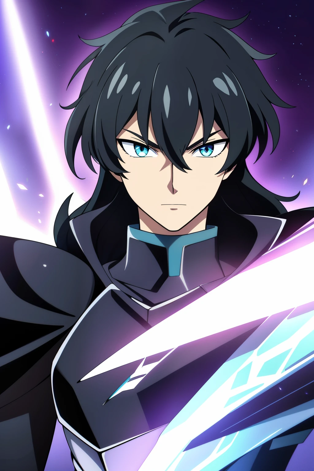 (high-quality, breathtaking),(expressive eyes, perfect face), 1boy, male, solo, half body, armor, dark onyx purple armor, saint seiya armor, spectre armor, fantasy armor, black hair, medium length hair, bright yellow eyes, black background, small smile, zoom out, stylized hairstyle, narrow eyes, black wings
