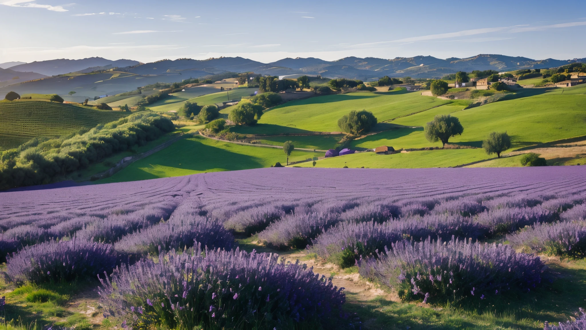 A serene countryside scene with rolling hills blanketed in fields of vivid purple lavender, rustic farmhouses, and rows of gnarled olive trees under a brilliant azure sky.