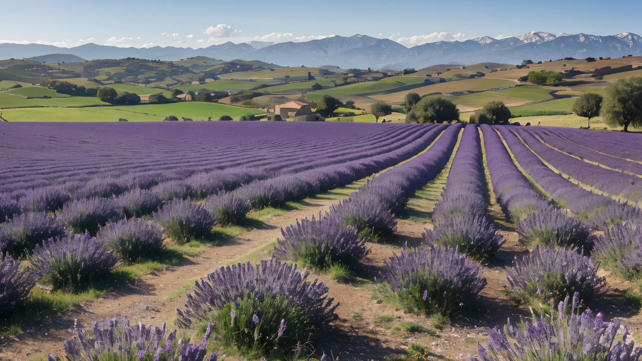 A serene countryside scene with rolling hills blanketed in fields of vivid purple lavender, rustic farmhouses, and rows of gnarled olive trees under a brilliant azure sky.