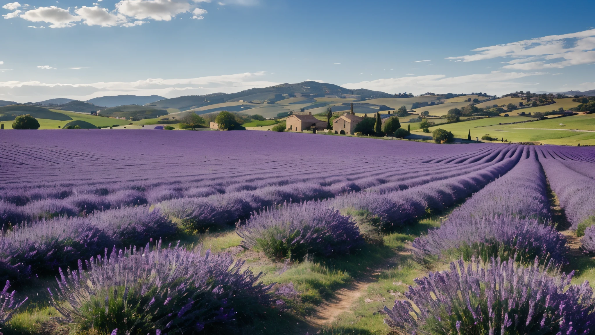 A serene countryside scene with rolling hills blanketed in fields of vivid purple lavender, rustic farmhouses, and rows of gnarled olive trees under a brilliant azure sky.