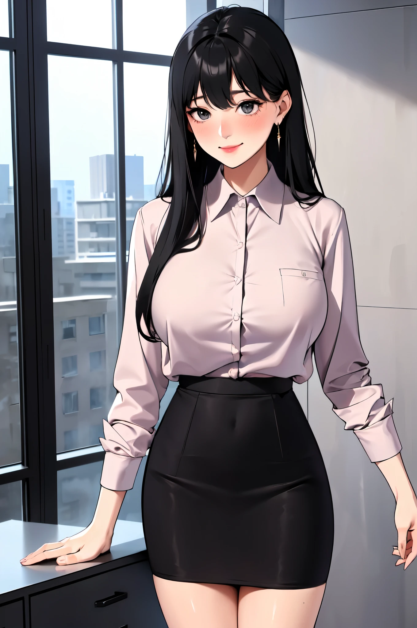 /(indoor modern office/), Limited to 1 female, /(casual shirt pencil skirt/) ID card, /(black hair/) bangs, A gentle smile with a blush, (A masterpiece of the highest quality:1.2) super detailed, big breasts