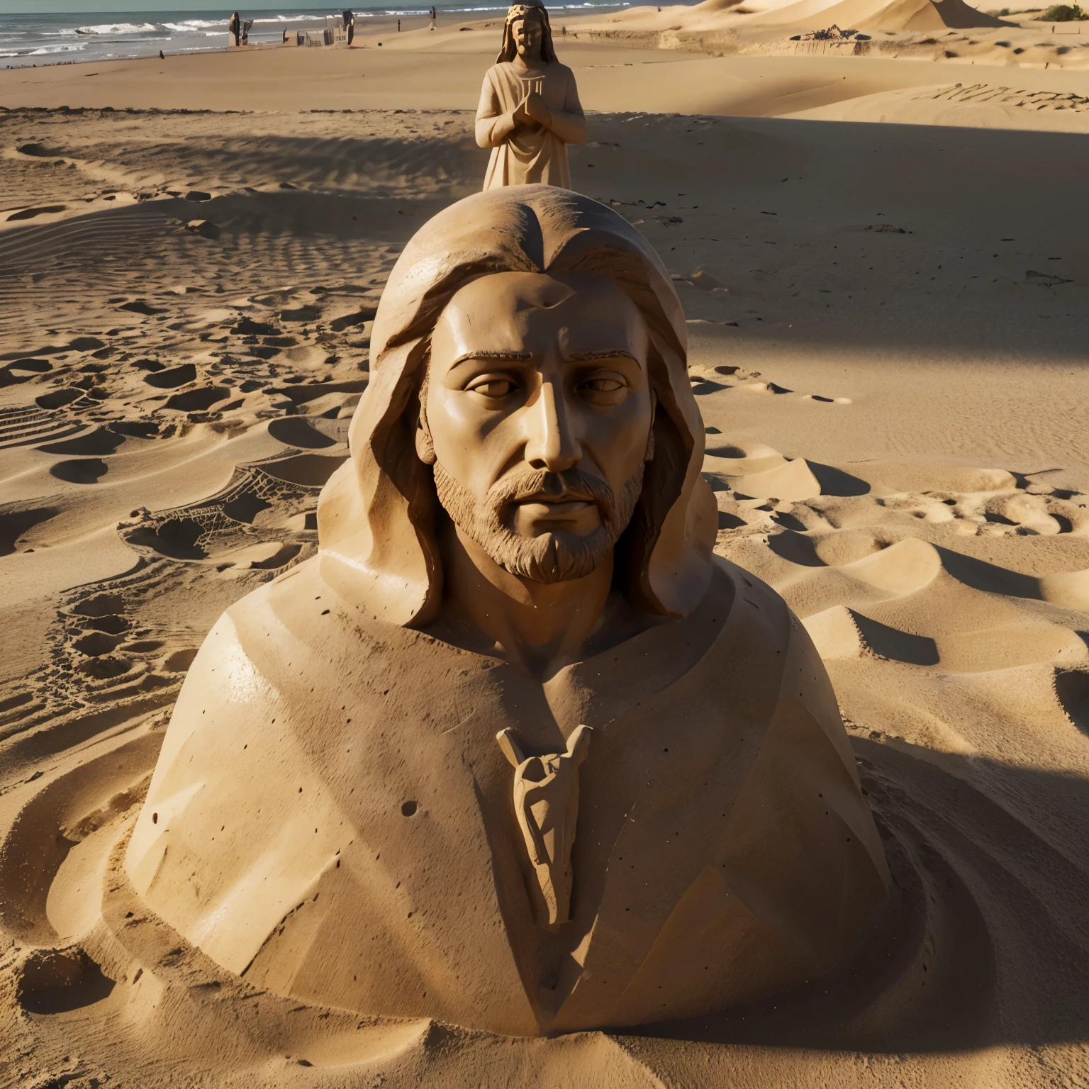 arafed statue of jesus on the beach with a man standing next to it, a statue inspired by Chris LaBrooy, reddit, hyperrealism, sand sculpture, covered in sand, his body buried in the sand, jesus, gigachad jesus, giant clay statue, hypperrealistic 3 d sculpture, buried in sand, jesus face, god looking at me