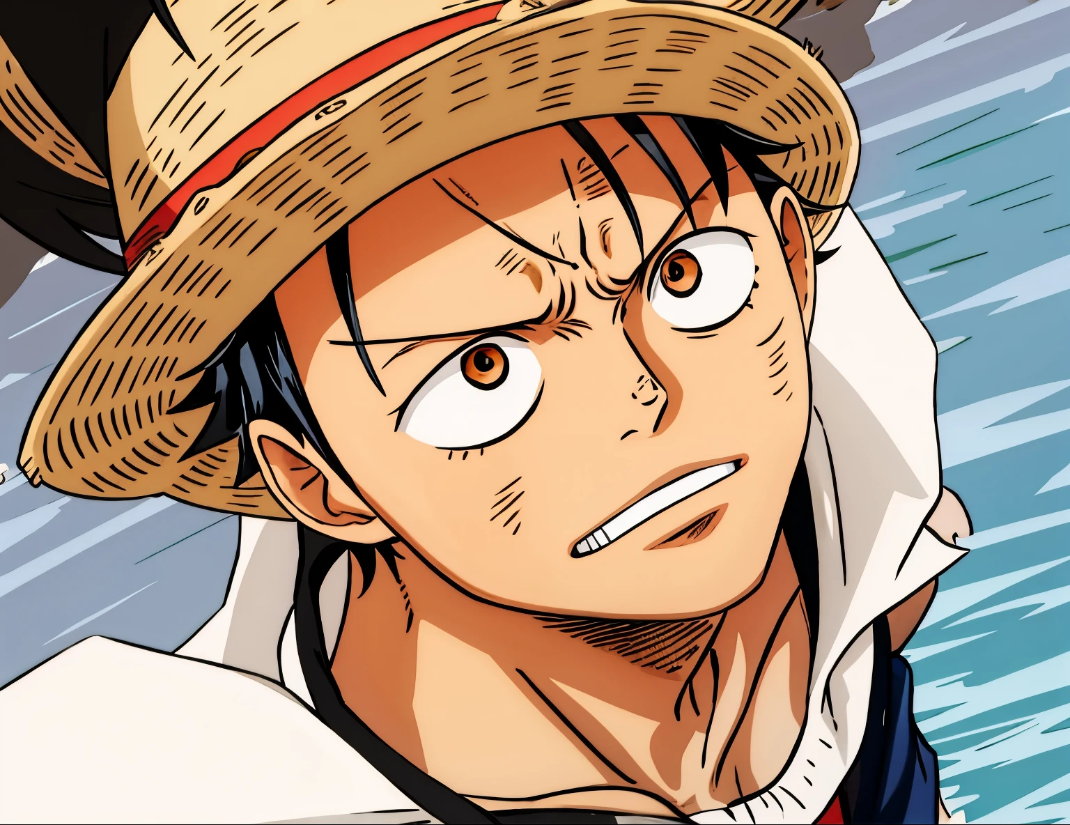 (best quality,4k,highres,masterpiece:1.2),detailed portrait of Luffy drawn by Tite Kubo,[anime],vibrant colors,realistic yet dynamic appearance,individually defined facial features,expressive eyes and mouth,windswept hair,confident expression,striking lighting,stunning background scenery,impressive attention to detail,accurate portrayal of Luffy's iconic straw hat,hyper-realistic shading,impeccable line work,texture-rich illustration,(((black hair)))