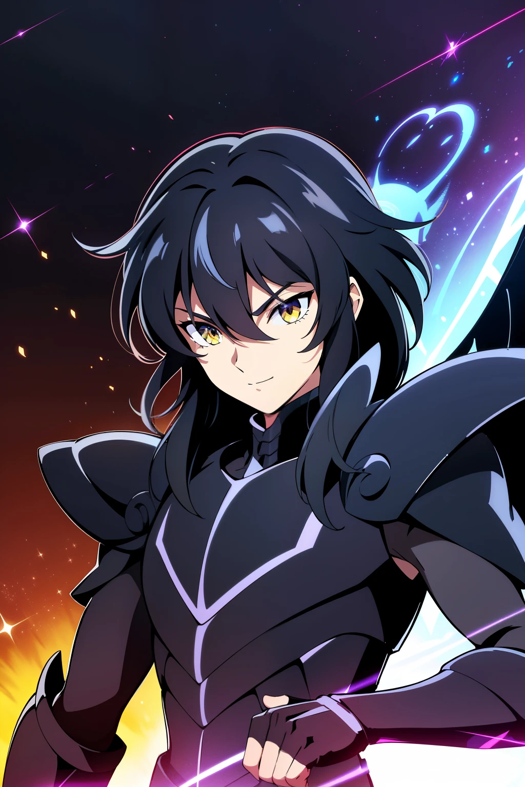 (high-quality, breathtaking),(expressive eyes, perfect face), 1boy, male, solo, half body, armor, dark onyx purple armor, saint seiya armor, spectre armor, fantasy armor, black hair, medium length hair, bright yellow eyes, black background, small smile, zoom out, stylized hairstyle, narrow eyes, black wings
