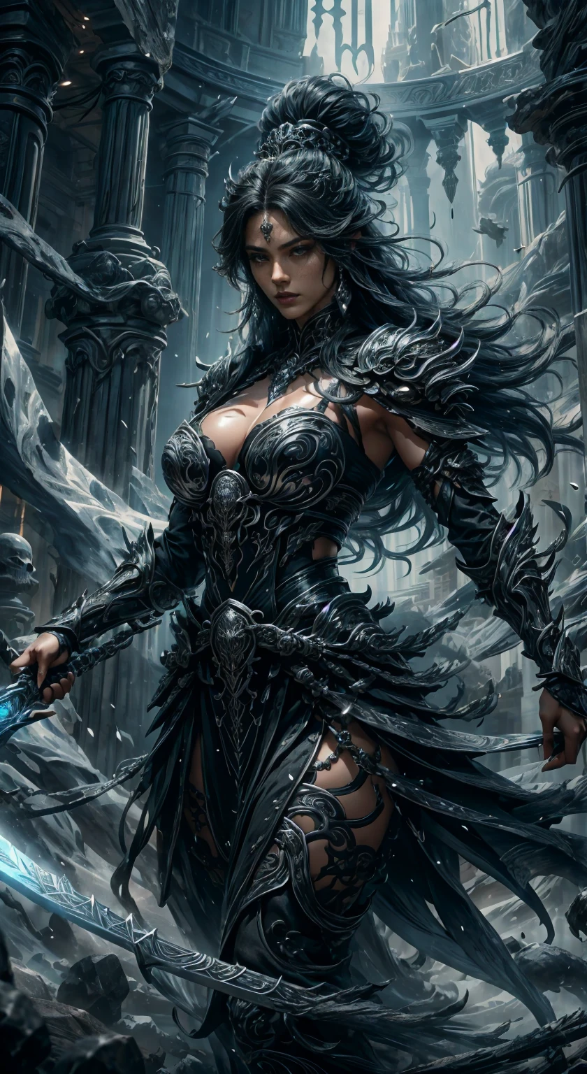 Generate hyper realistic image of a fierce warrior, most beautiful, elegant, a fair-skinned female with long, flowing black hair cascading down her armored shoulders. Adorned with intricate jewelry, she wears silver and formidable armor that accentuates her powerful presence. An armlet graces her muscular arm, and a menacing skull emblem adorns her attire, symbolizing the warrior's strength and determination in a solo quest. She is holding this magic sword has a blade of gleaming steel, inscribed with arcane runes that glow with a faint blue light. The hilt is wrapped with black leather and adorned with a silver pommel, perfect hand, perfect fingers, looking at viewer, facing viewer,