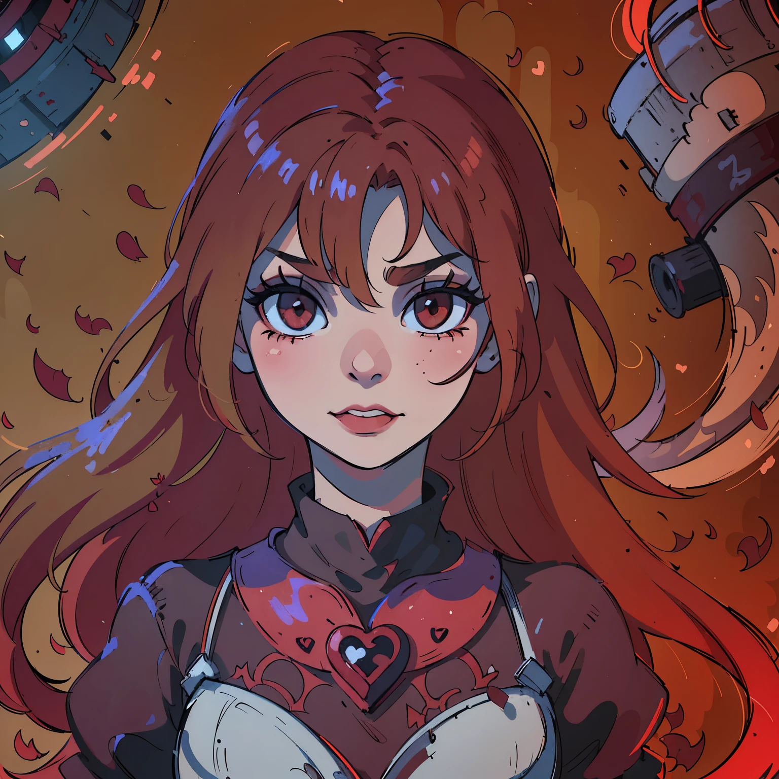 (best quality,4k,8k,highres,masterpiece:1.2),ultra-detailed,(realistic,photorealistic,photo-realistic:1.37),blood red hair,blood red eyes,extremely detailed eyes and face,lighter skin, detailed teeth,vivid colors,dark shadows,dramatic lighting,gothic,horror,portrait,very red hair,beautiful nose,smile, Do not alter the hair fringe,Red lipstick, smile with beautiful teeth, drawing of a heart symbol painted in red on the right cheek, beautiful eyebrows