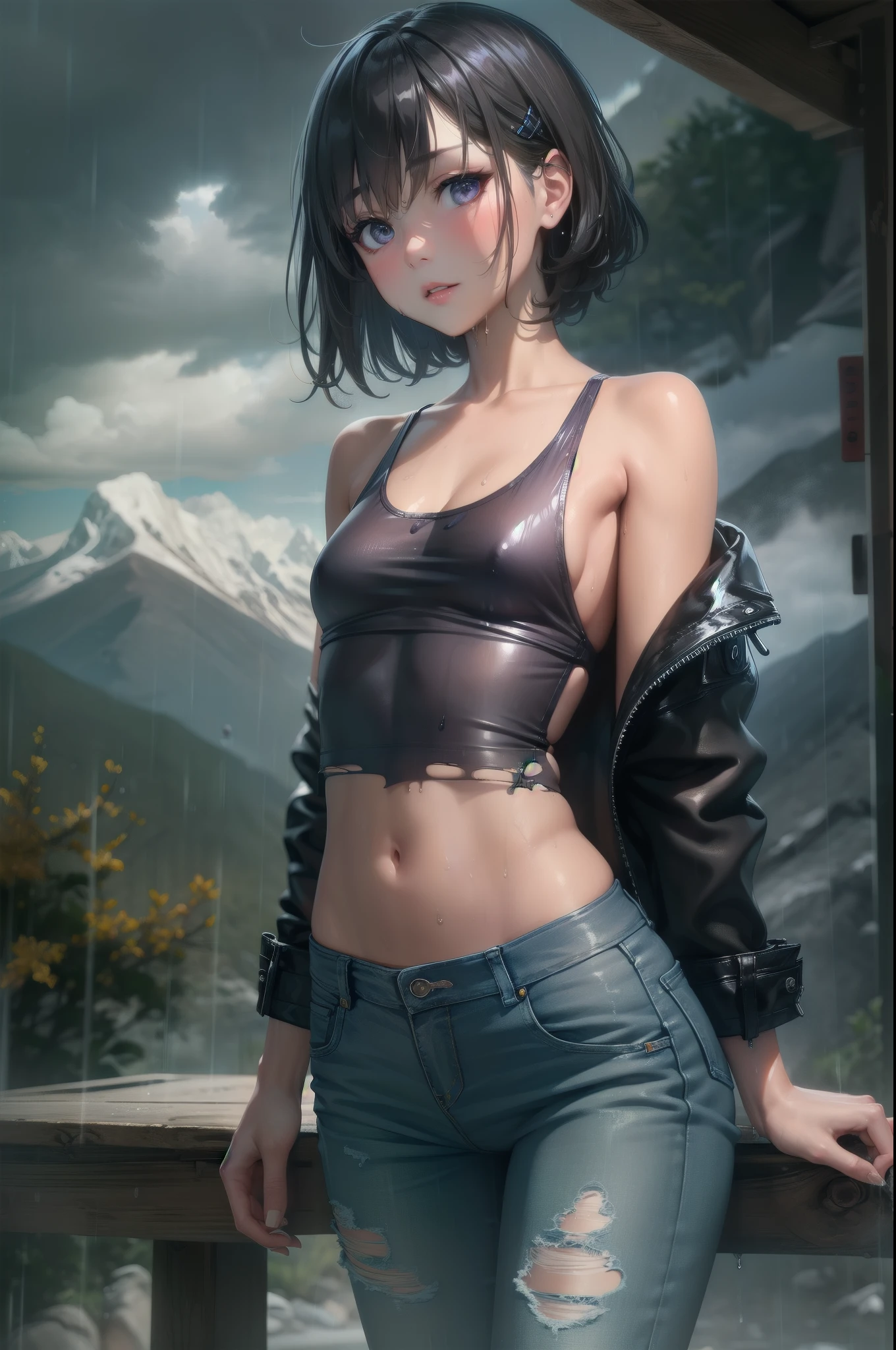 (cowboy shot),(Perfect Anatomy,top-quality、The ultra -The high-definition、hight resolution、extremely details CG、8K Unit Wallpapers),20-year-old、solo,Beautiful detailed eyes,black hair,shor bob hair,blunt bang,wet hair,(small breasts,slender body,skinny,wet skin),gleaming skin,oily skin,(drenched in the rain、punk fashion、leather jacket、Tank top、torn denim pants、boots),standing,heavy rain,mountain hut、,Mountainous area,at night、