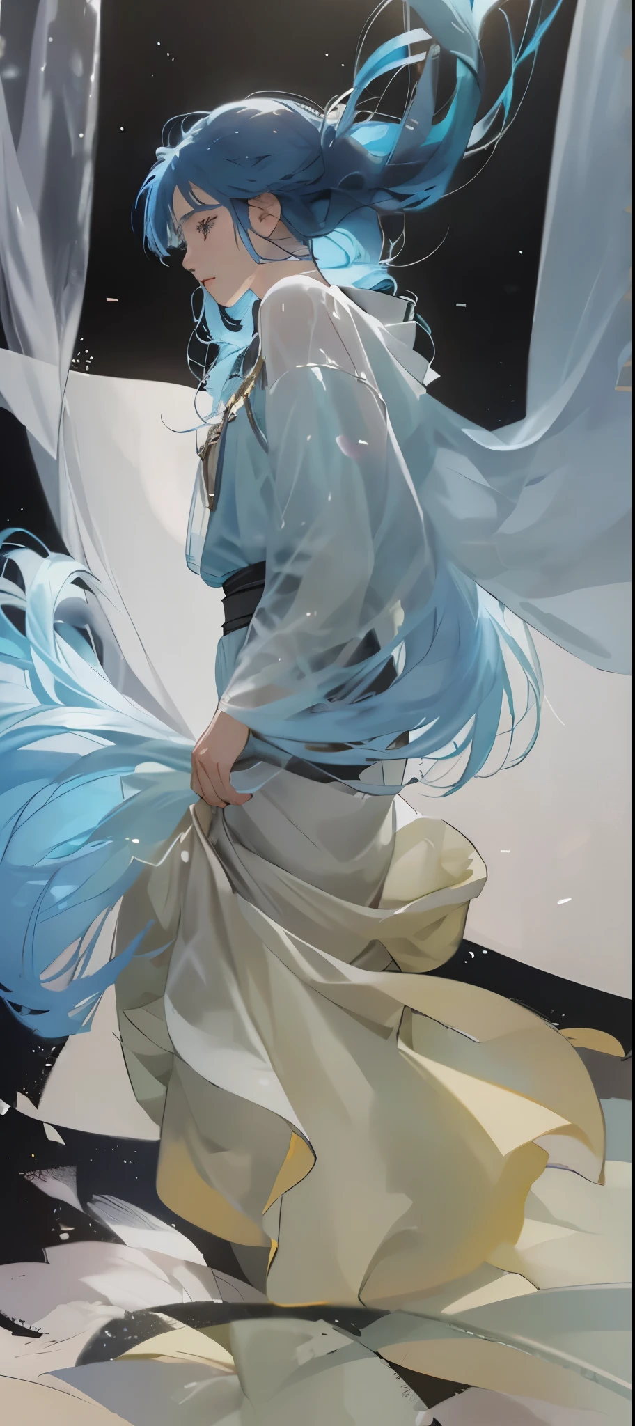 (masterpiece), (best quality), (Super detailed),(disheveled hair),(illustration), (1 long hair boy), (fashion clothing), Permanently installed, fashion model, Escape from the audience, (Turn your back to the audience), (Studio as background),Beautiful and delicate eyes, delicate pretty face, floating,(high saturation),(colorful splash),Colorful bubbles,(Shiny), focus on face, Ayaka Kamisato, light blue hair, Bangs, hair ring, floating花朵, floating hair.girl, anime grandma, looking at the audience, Very detailed, reflective transparent iridescent colors, Transparent iridescent RGB long hair, Works by Serafleur from artstation, thick acrylic,illustration on pixiv, waist up portrait, Gorgeous saint, best quality, Super detailed,sad,clever,pretty face , Beautiful lights black background, Character style rendered by Octane,