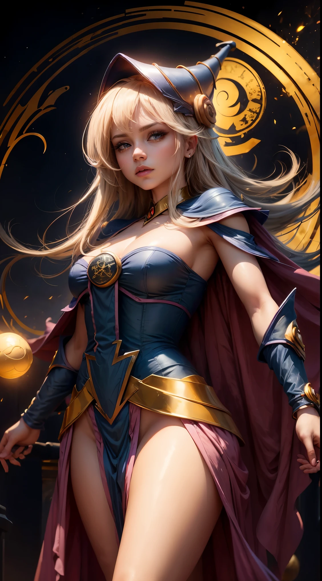 "Photograph of a dark magician and golden sorceress under the moonlight., atmospheric, Hora dorada, encantador, Oscuro y encantador."