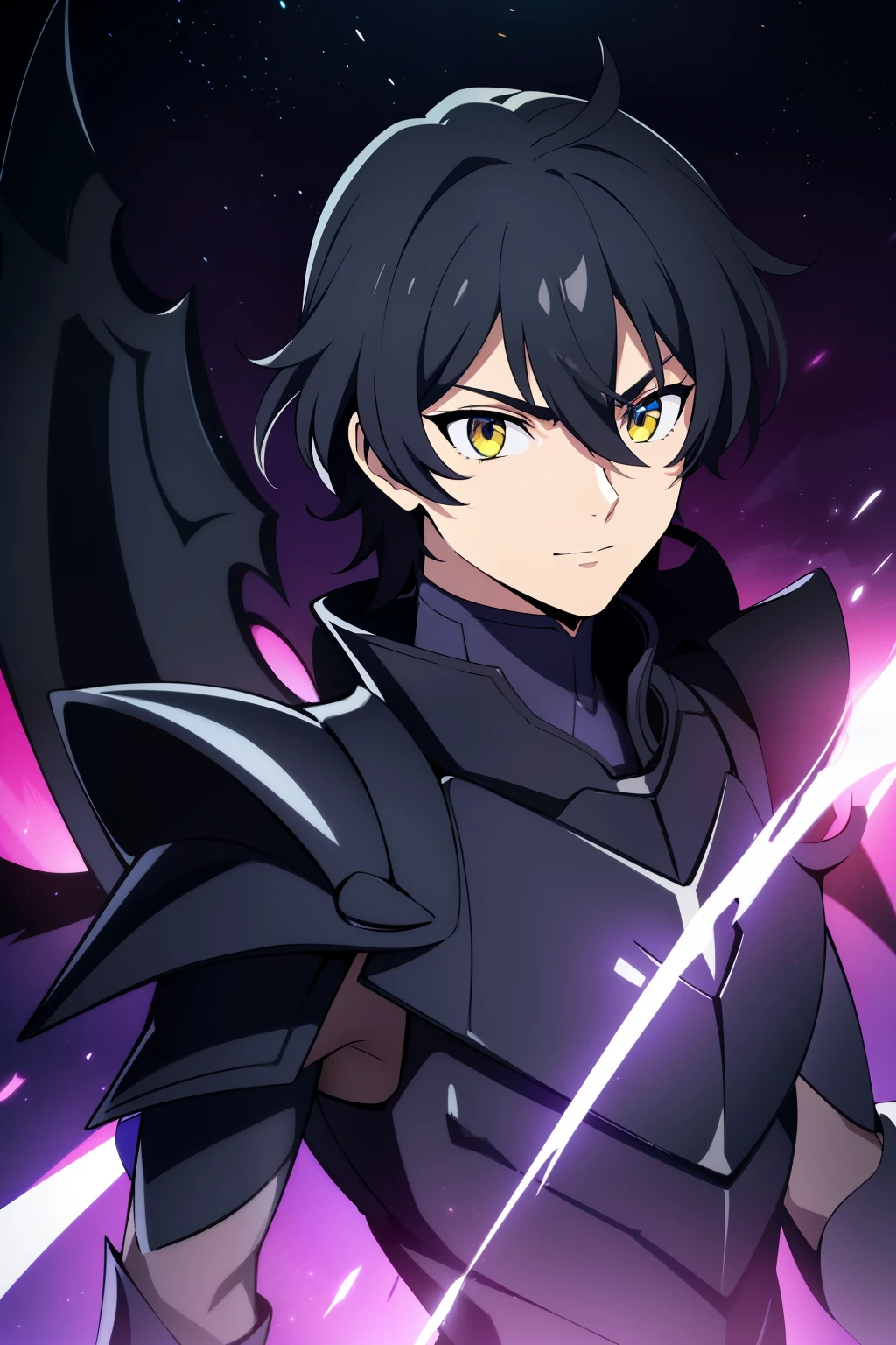 (high-quality, breathtaking),(expressive eyes, perfect face), 1boy, male, solo, half body, armor, dark onyx purple armor, saint seiya armor, spectre armor, fantasy armor, black hair, medium length hair, bright yellow eyes, black background, small smile, zoom out, stylized hairstyle, narrow eyes, black wings
