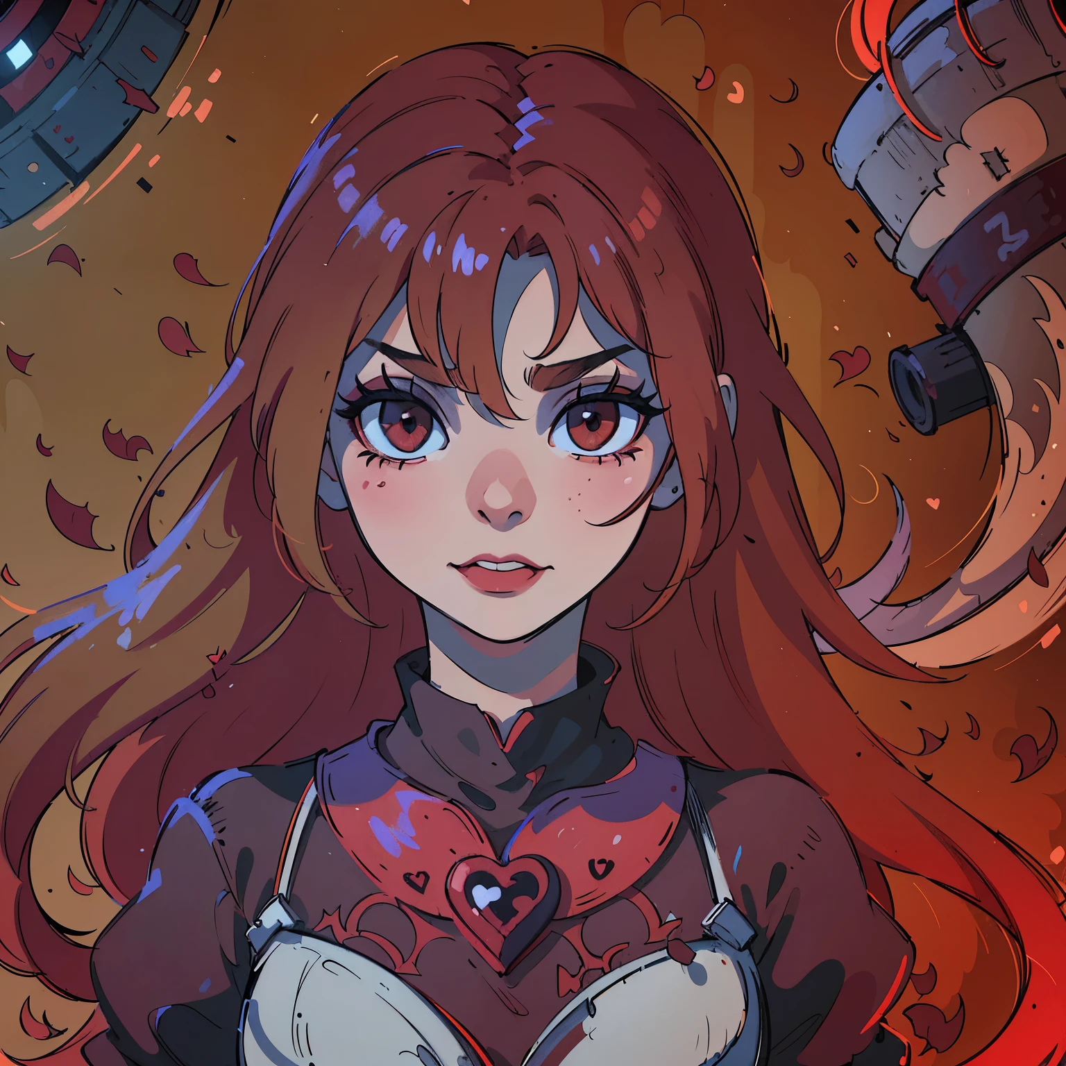(best quality,4k,8k,highres,masterpiece:1.2),ultra-detailed,(realistic,photorealistic,photo-realistic:1.37),blood red hair,blood red eyes,extremely detailed eyes and face,lighter skin, detailed teeth,vivid colors,dark shadows,dramatic lighting,gothic,horror,portrait,very red hair,beautiful nose,smile, Do not alter the hair fringe,Red lipstick, smile with beautiful teeth, drawing of a heart symbol painted in red on the right cheek, beautiful eyebrows