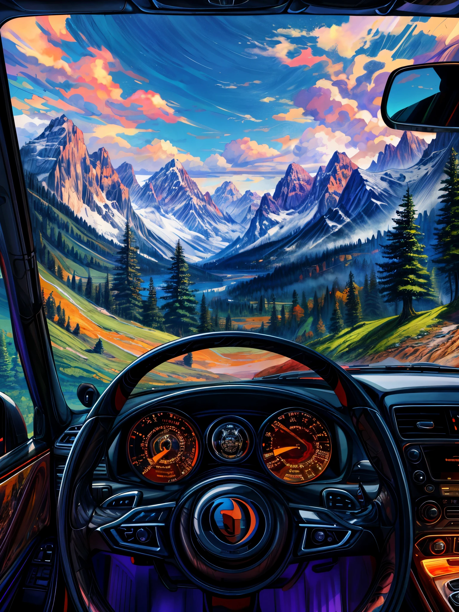 a painting of a car driving through the mountains, in the style dan mumford artwork, painting by dan mumford, by Dan Mumford, dan mumford and alex grey style, dan mumford. maya render, dan mumford. concept art, dan mumford paint, ( ( ( ( ( dan mumford ) ) ) ) ), in the art style of dan mumford, 4k hd,, beautiful art uhd 4 k, a beautiful artwork illustration, beautiful digital painting, highly detailed digital painting, beautiful digital artwork, detailed painting 4 k, very detailed digital painting, rich picturesque colors, gorgeous digital painting