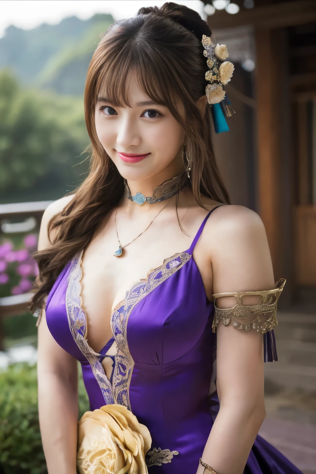 masterpiece、1 beautiful girl、fine eyes、smile、y eyes、highest quality, 超High resolution, (reality: 1.4), movie lighting、Japanese、asian beauty、Korean、super beautiful、beautiful skin、body facing forward、close up of face、Upper bodyのクローズアップ,(超reality的な)、(High resolution)、(8k)、(very detailed)、(美しくfine eyes)、(Super detailed)、 (wall-)、detailed face、bright lighting、professional lighting、looking at the viewer、look straight ahead、slanted bangs、perfect cosplay,highest quality, (masterpiece:1.2), figure, disorganized,
(1 girl), (alone), (beautiful detailed girl),
Chang Chun-fat, long hair, brown hair, single hair bun hair, hair ornaments, jewelry, brown eyes, big rple dress, gorgeous dress, cleavage, bare s, blue leg wear, black boots,
Grassy mountains々, wood, chinese architecture, river, plant,, behind, Upper body,
With confidence, I am proud, smile, looking at the viewer,