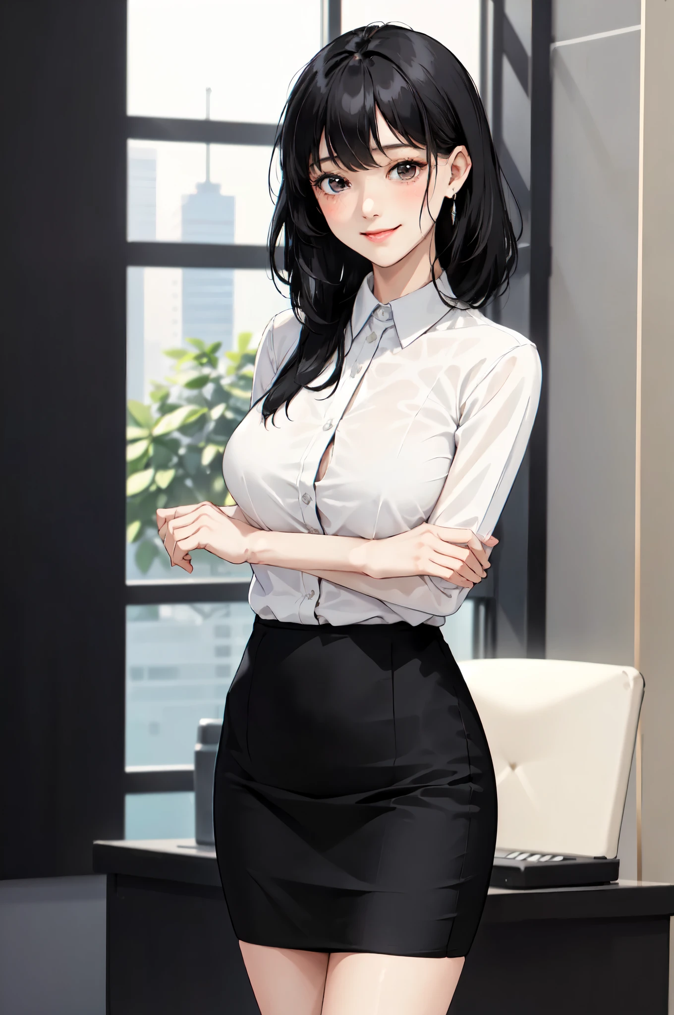 /(indoor modern office/), Limited to 1 female, /(casual shirt pencil skirt/) ID card, /(black hair/) bangs, A gentle smile with a blush, (A masterpiece of the highest quality:1.2) super detailed, big breasts