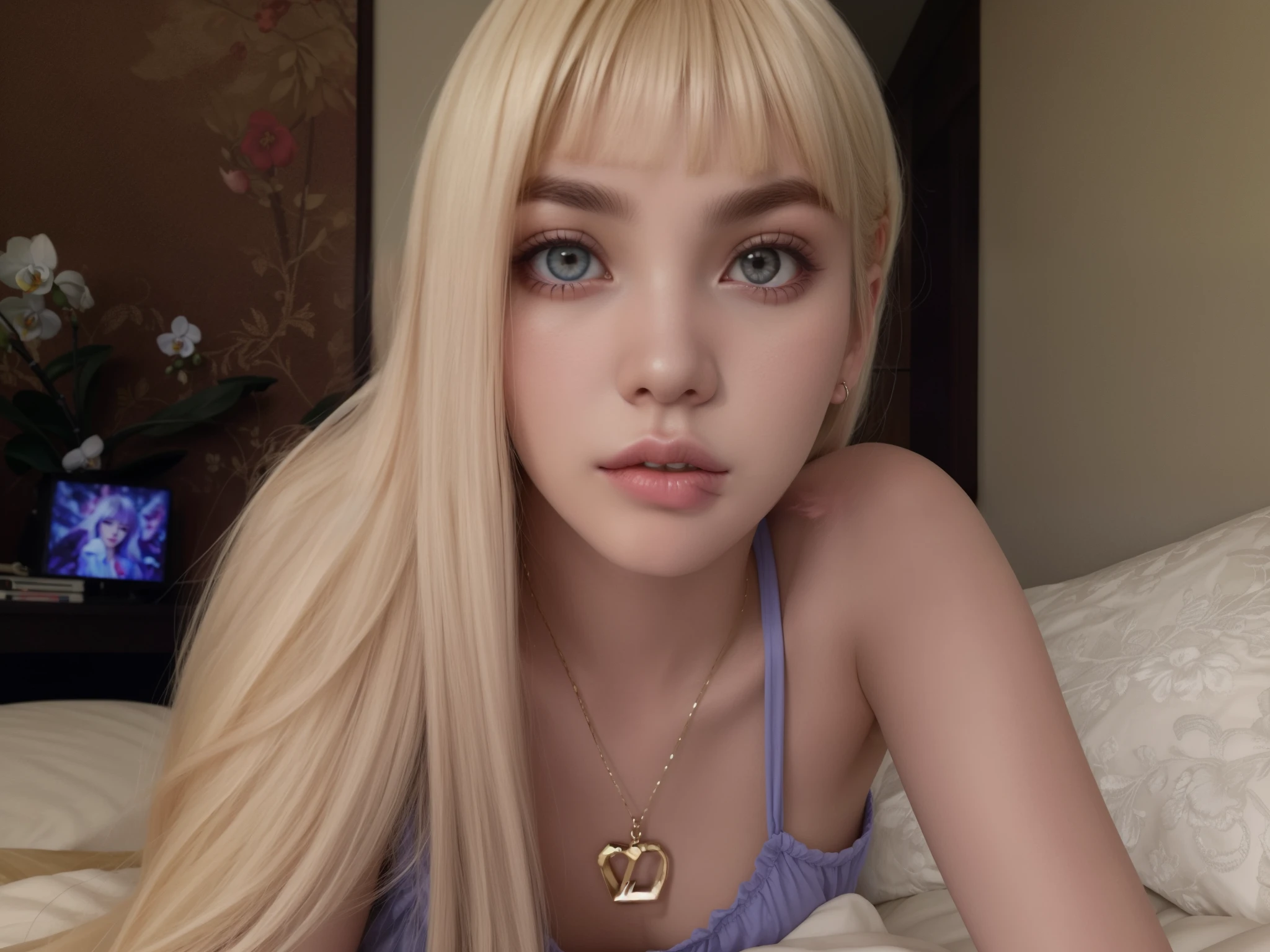 mulher loira de olhos azuis deitada na cama, lalisa manobal, ava max, cl, Lalisa Manoban do Blackpink, imagem de perfil, retrato de Kim Petras, Bela Delfina, lv, cabelo loiro muito claro, her face looks like an orchid, com cabelos longos brancos, com longos cabelos loiros, com longos cabelos brancos