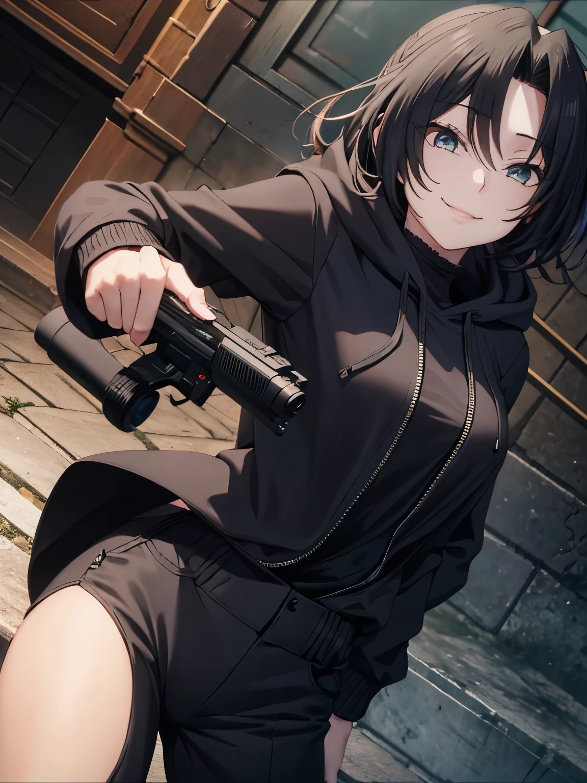 1 girl,black hoodie, Dominique de sade,Black trouser,Holding a firearm, camera angle from below, smiling, ultra detail