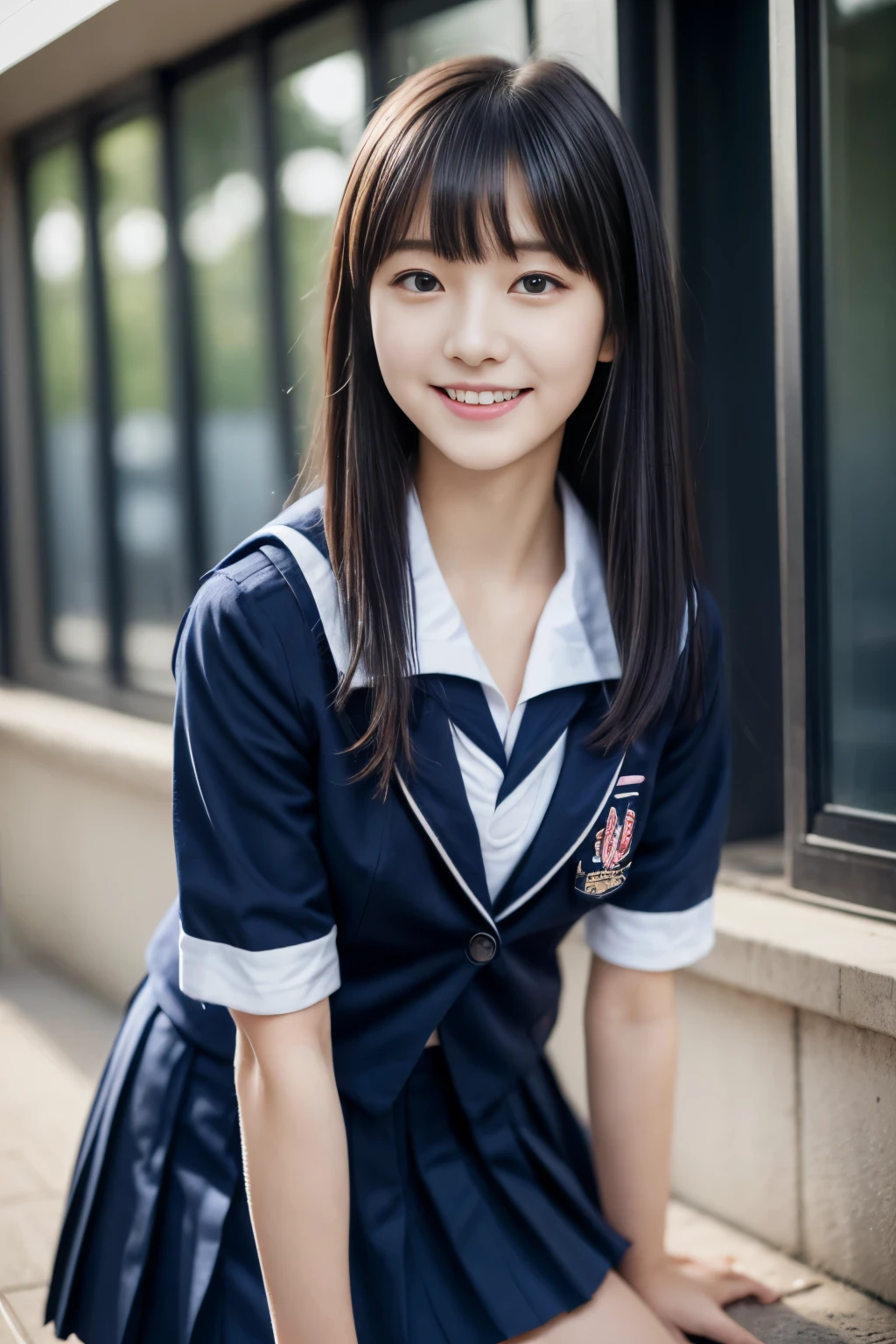 (masterpiece, best quality:1.2), 1girl, o Close-up of a woman posing for a photo,  japanese model model, 18 year old female model,  4k、bangs、black haired、beaver、middle hair、straight hair、(Navy Blue Blazer School Uniform, Navy Check Pleated Skirt:1.2),　(Super cute face with idol style:1.2)、school classroom、slim and beautiful body、beautiful breasts、laughter、Full body Esbian、school classroom美しい脚、sexy pose、white socks、white sneakers、