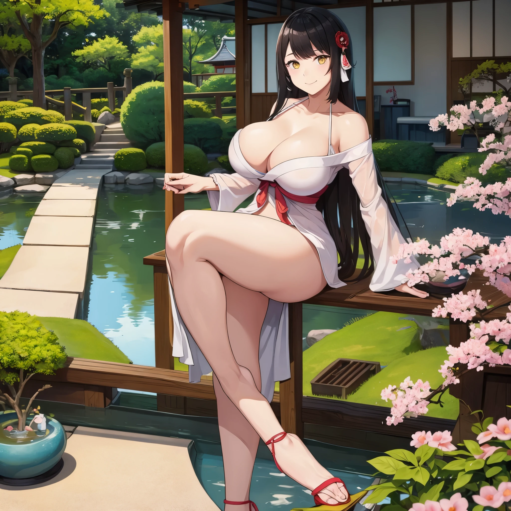 a woman in a Japanese garden, smiling, eye yellow, big breasts.