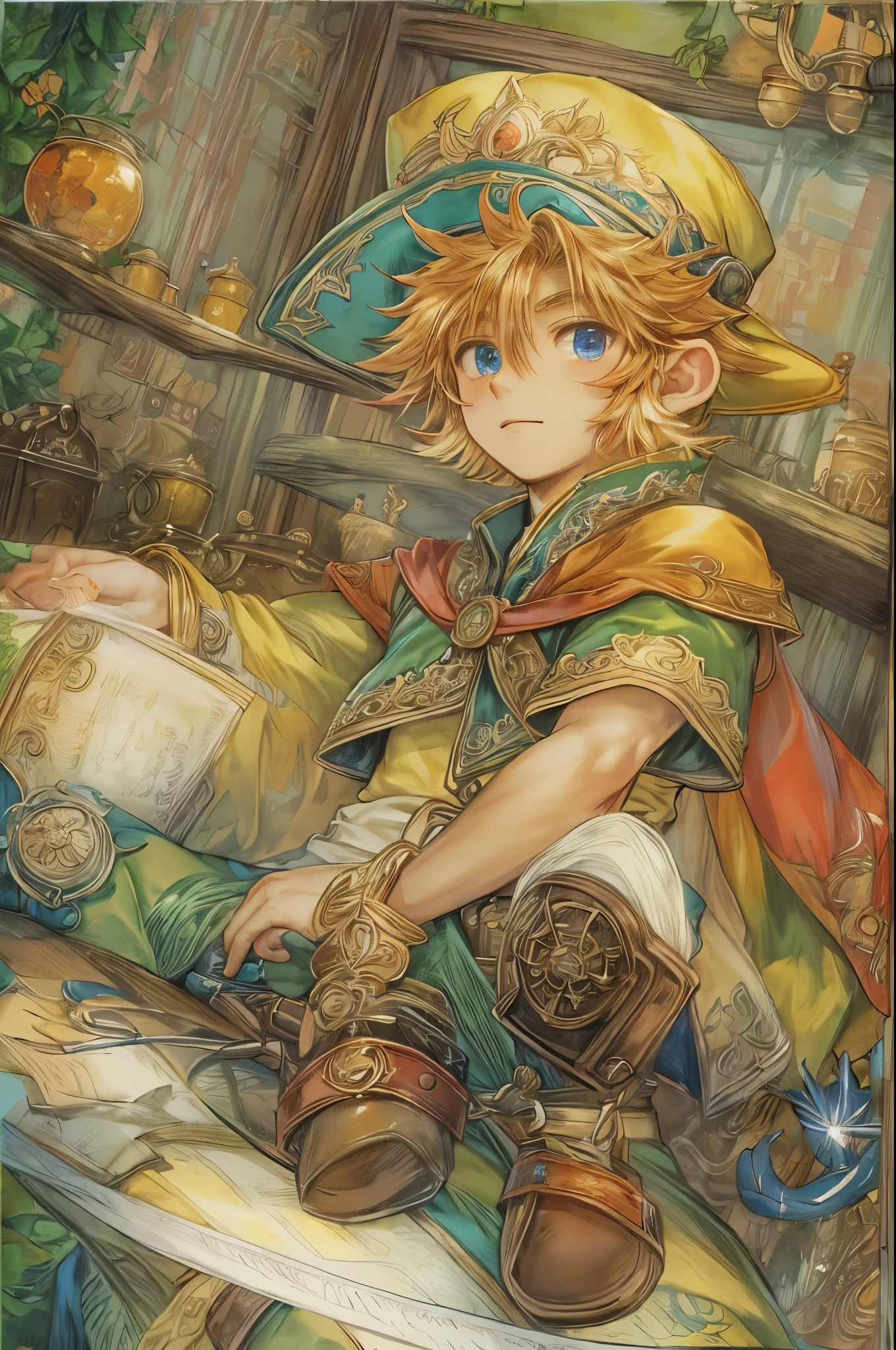 (((Best quality)), ((masterpiece)), (detailed), ((perfect face)), ((halfbody)) handsome face, male, teen boy, perfect proportions , colorful vibe ((character from legend of mana, male version)) wearing hat, detailed interior, cozy home