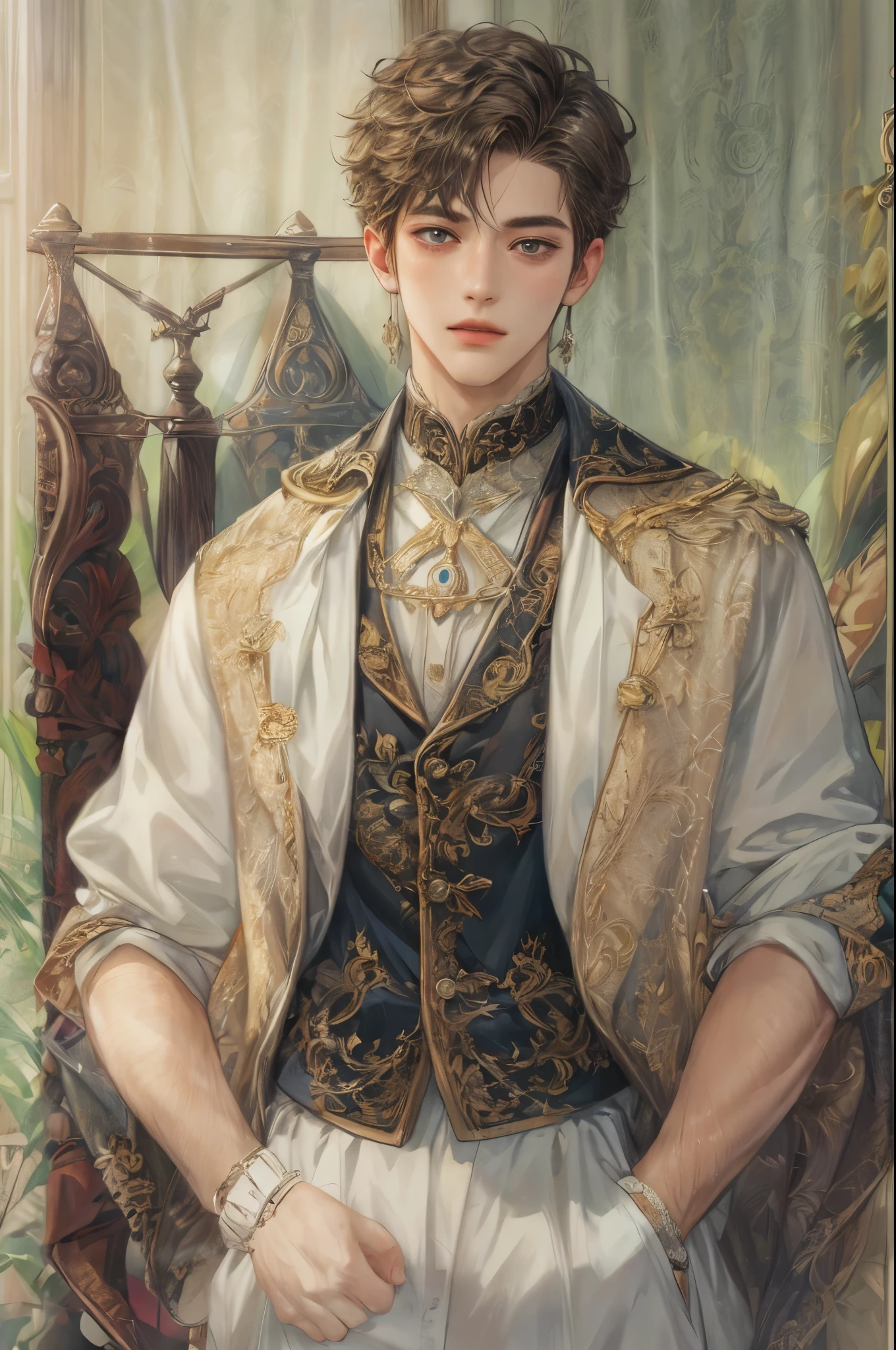 ((Best quality)), ((masterpiece)), (detailed), ((perfect face)), ((halfbody)) handsome face, male, teen boy, perfect proportions , short hair ((character from bridgerton male version)) detailed interior, cozy home